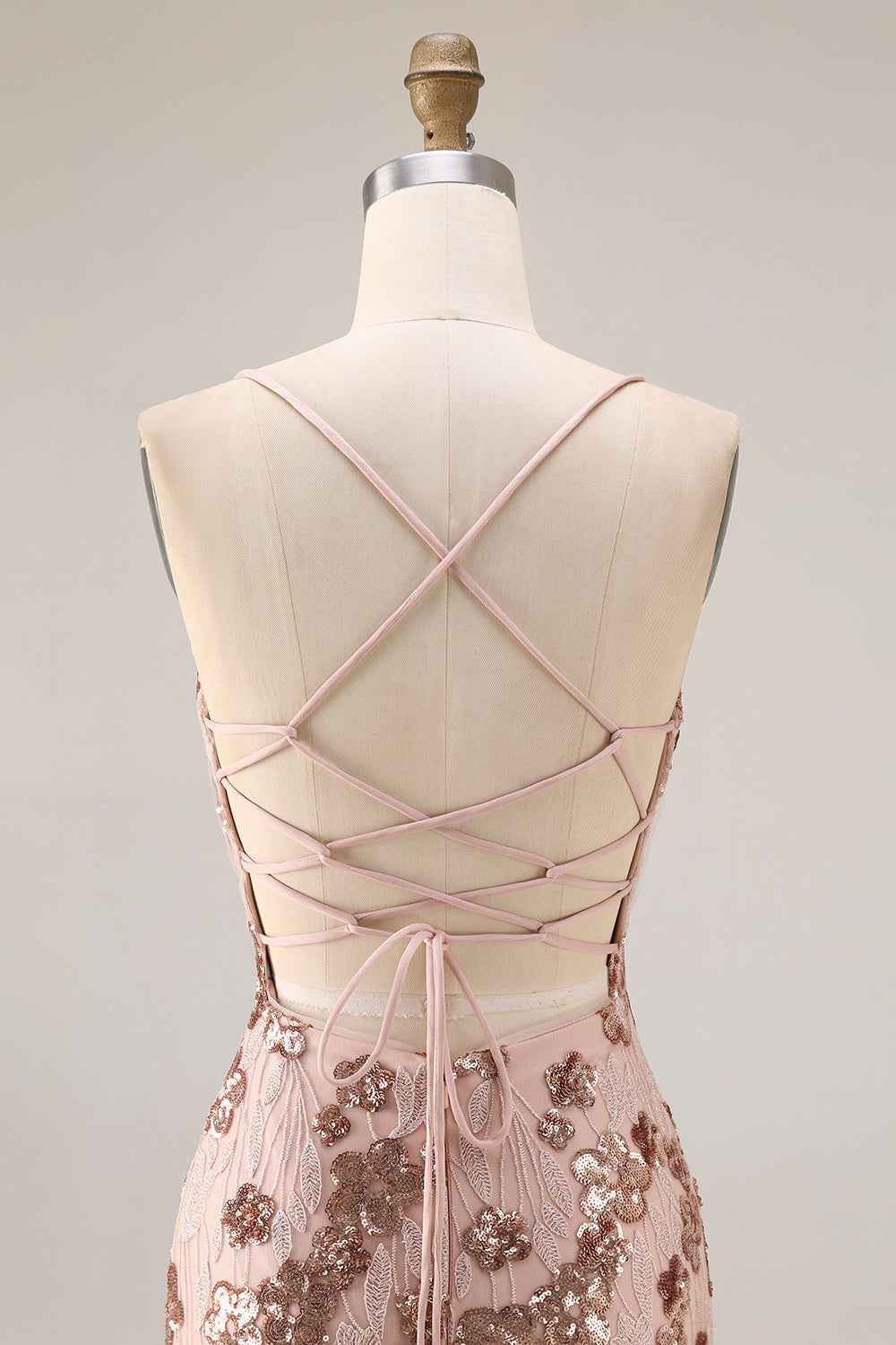 Sparkly Rose Gold Mermaid Lace-Up Back Long Prom Dress with Sequins
