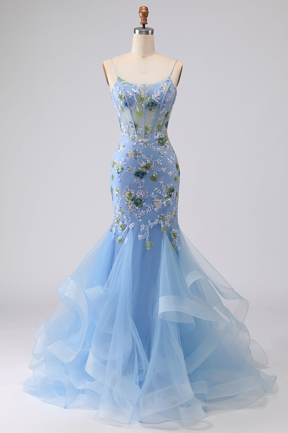 Blue Sheer Corset Mermaid Embroidered Long Prom Dress with Lace Up Back