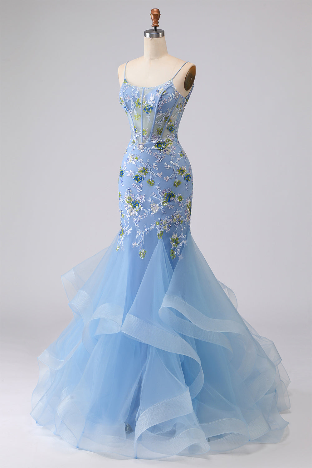 Blue Sheer Corset Mermaid Embroidered Long Prom Dress with Lace Up Back