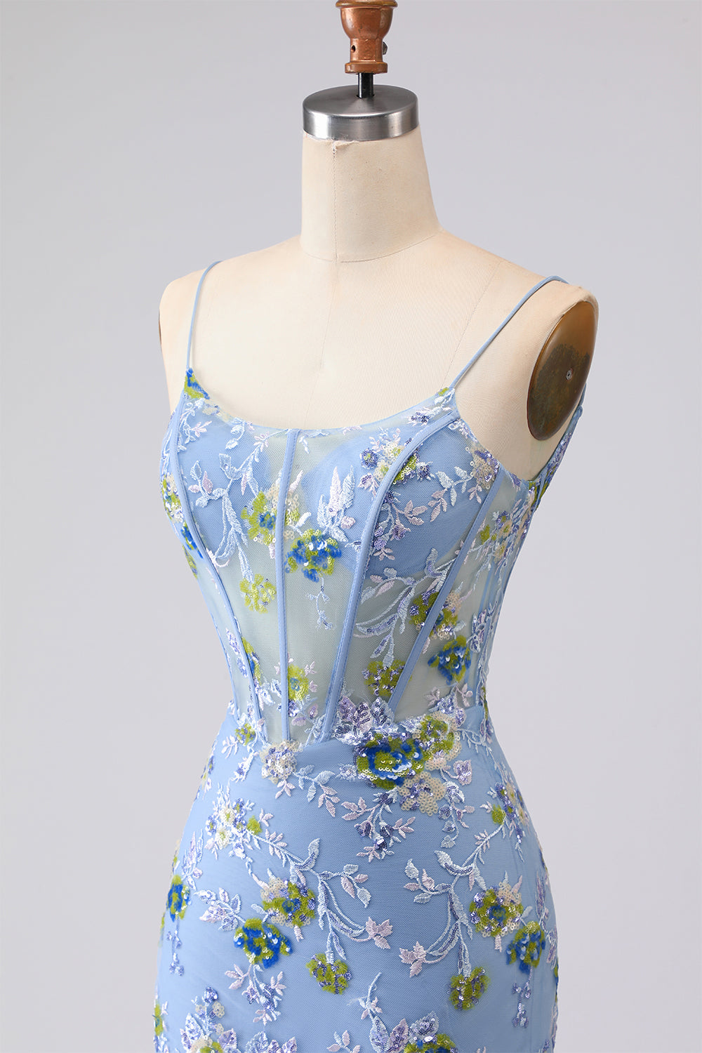 Blue Sheer Corset Mermaid Embroidered Long Prom Dress with Lace Up Back