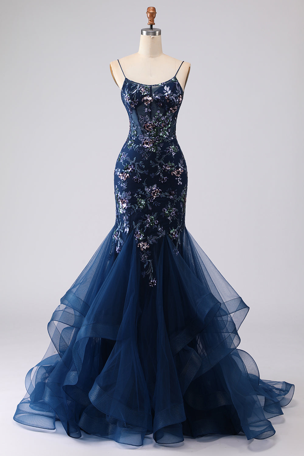 Blue Sheer Corset Mermaid Embroidered Long Prom Dress with Lace Up Back