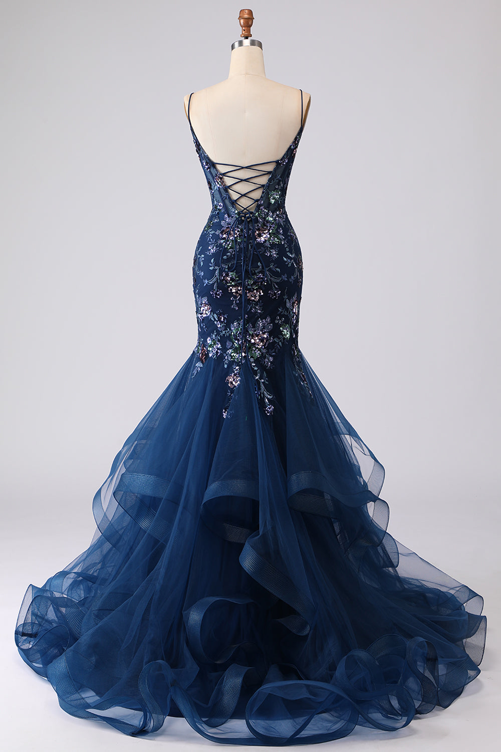 Blue Sheer Corset Mermaid Embroidered Long Prom Dress with Lace Up Back