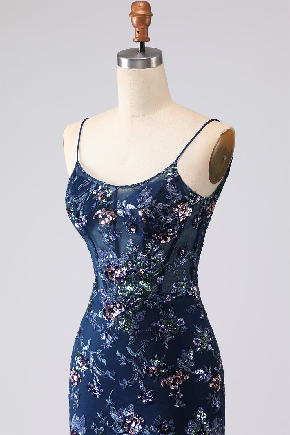 Blue Sheer Corset Mermaid Embroidered Long Prom Dress with Lace Up Back