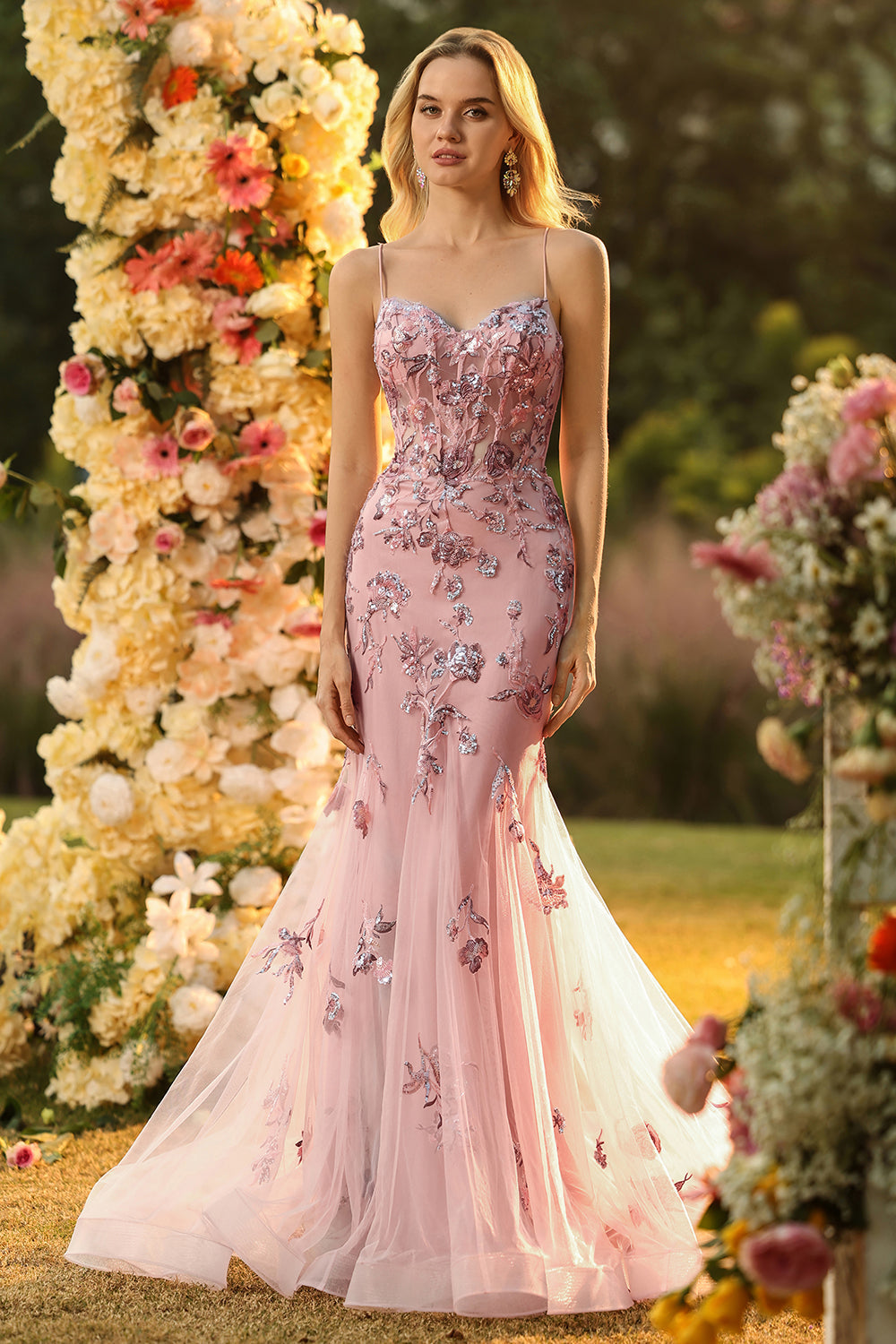 Purple Mermaid Sheer Corset Beaded Sequin Long Prom Dress with Lace Up Back