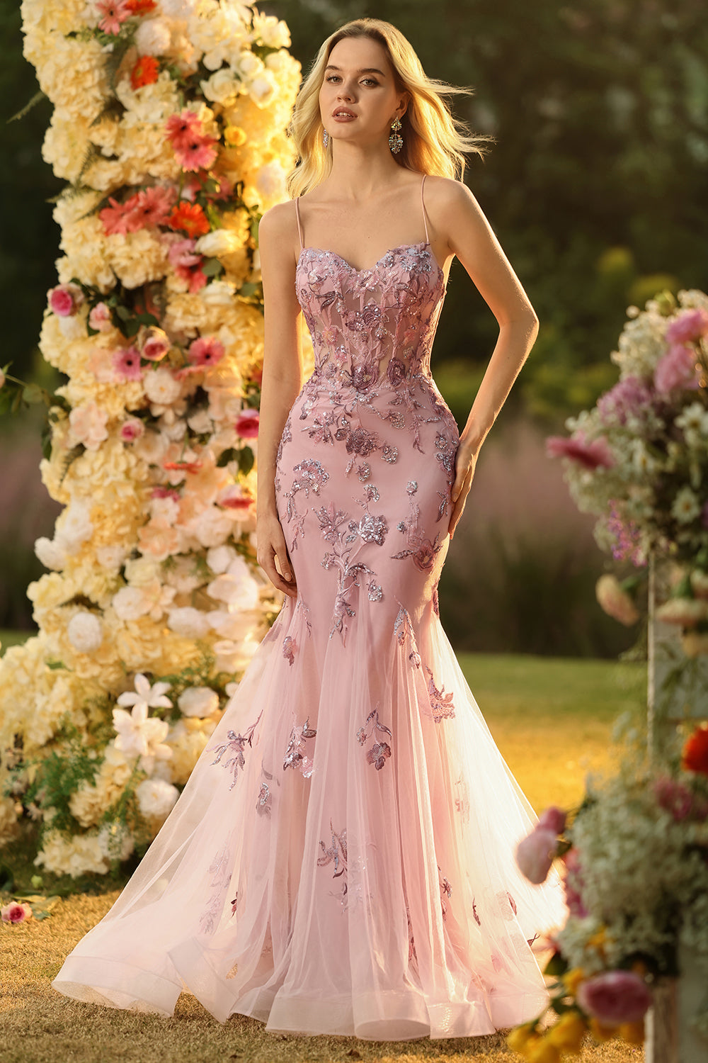 Purple Mermaid Sheer Corset Beaded Sequin Long Prom Dress with Lace Up Back