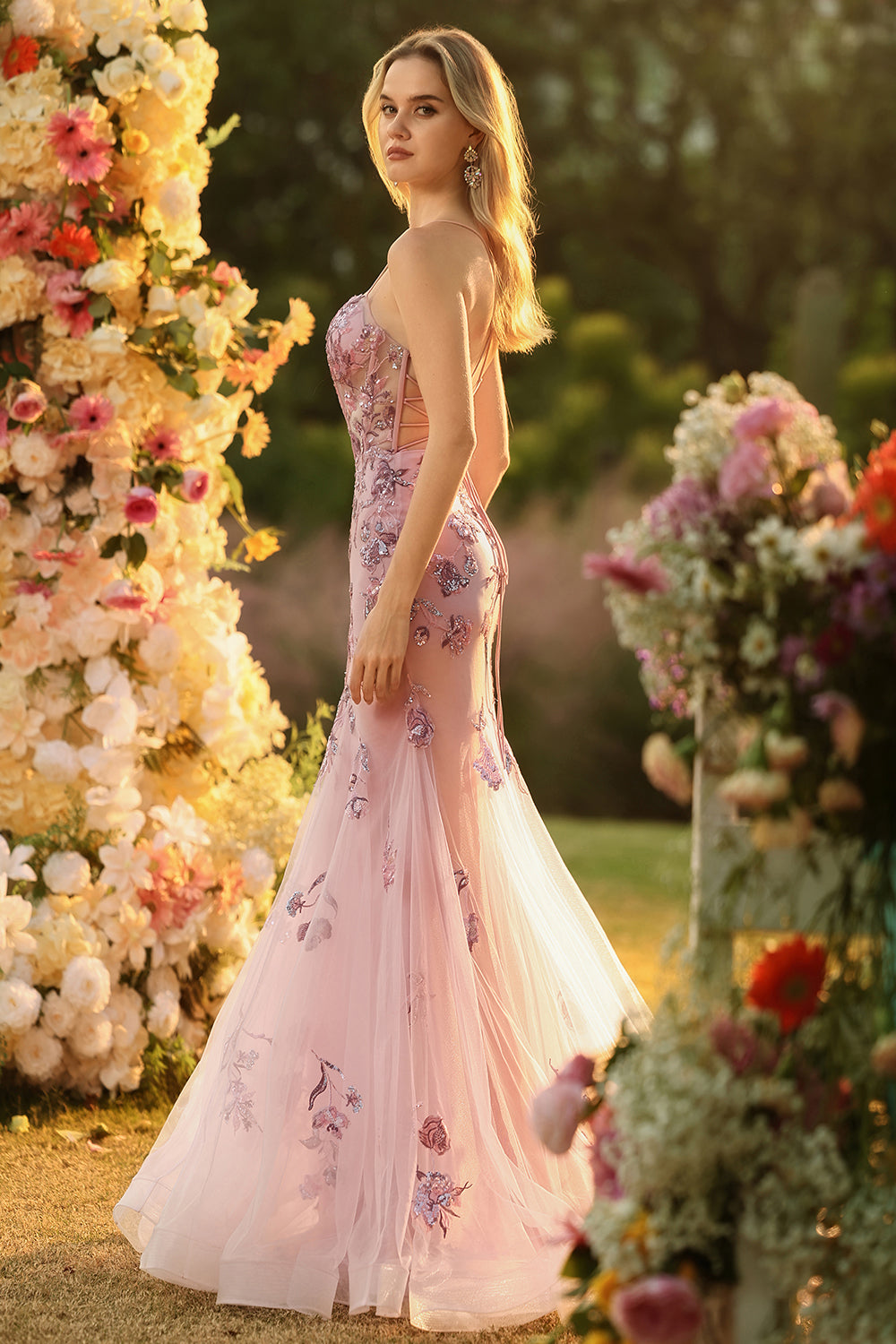 Purple Mermaid Sheer Corset Beaded Sequin Long Prom Dress with Lace Up Back