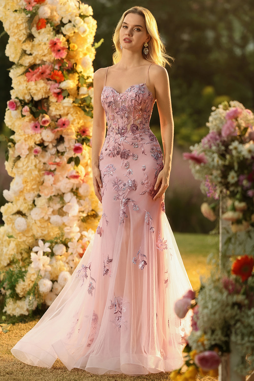 Purple Mermaid Sheer Corset Beaded Sequin Long Prom Dress with Lace Up Back