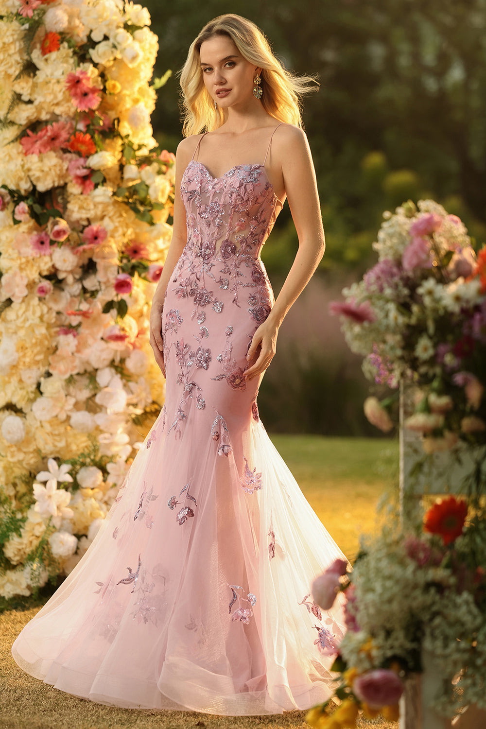 Purple Mermaid Sheer Corset Beaded Sequin Long Prom Dress with Lace Up Back