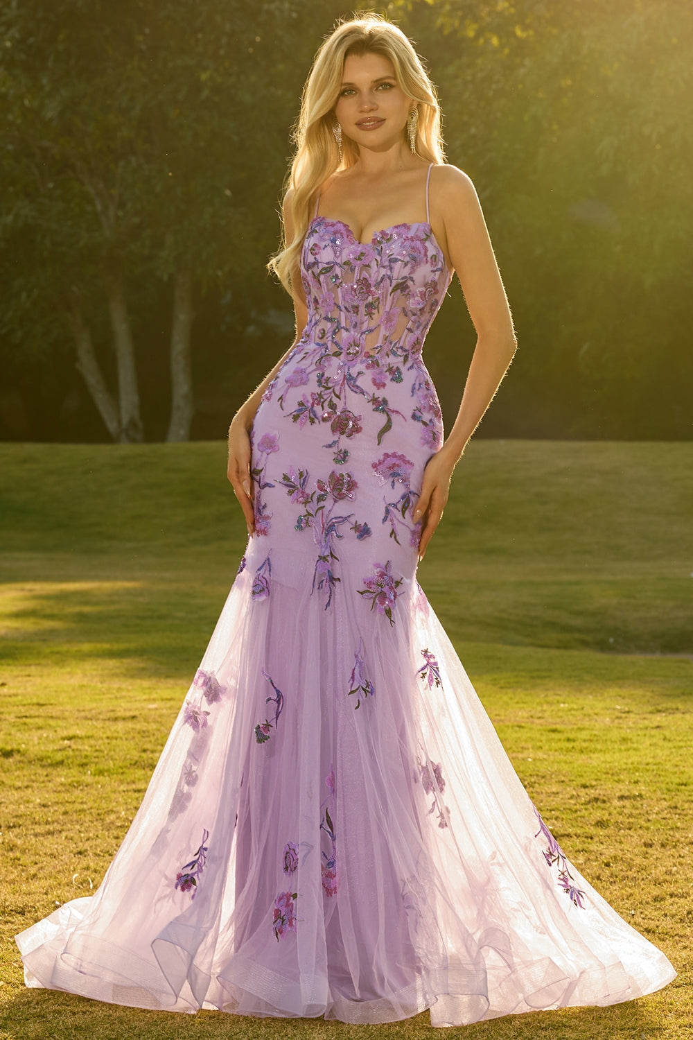 Purple Mermaid Sheer Corset Beaded Sequin Long Prom Dress with Lace Up Back