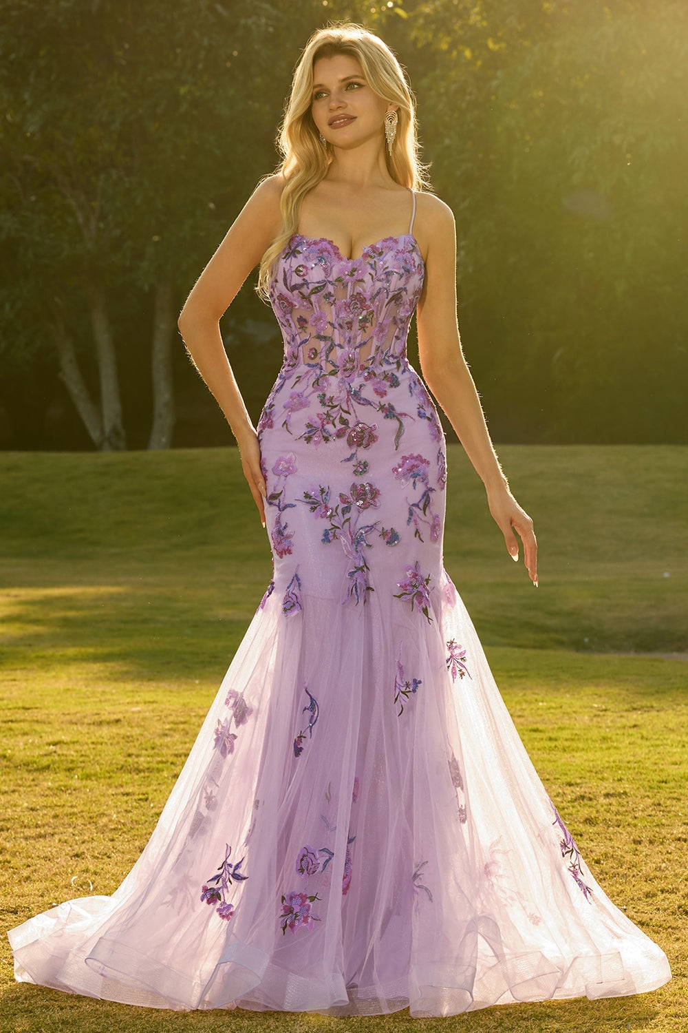Purple Mermaid Sheer Corset Beaded Sequin Long Prom Dress with Lace Up Back