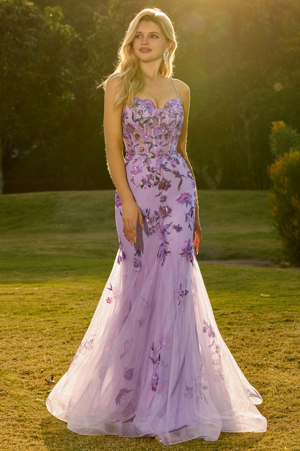 Purple Mermaid Sheer Corset Beaded Sequin Long Prom Dress with Lace Up Back