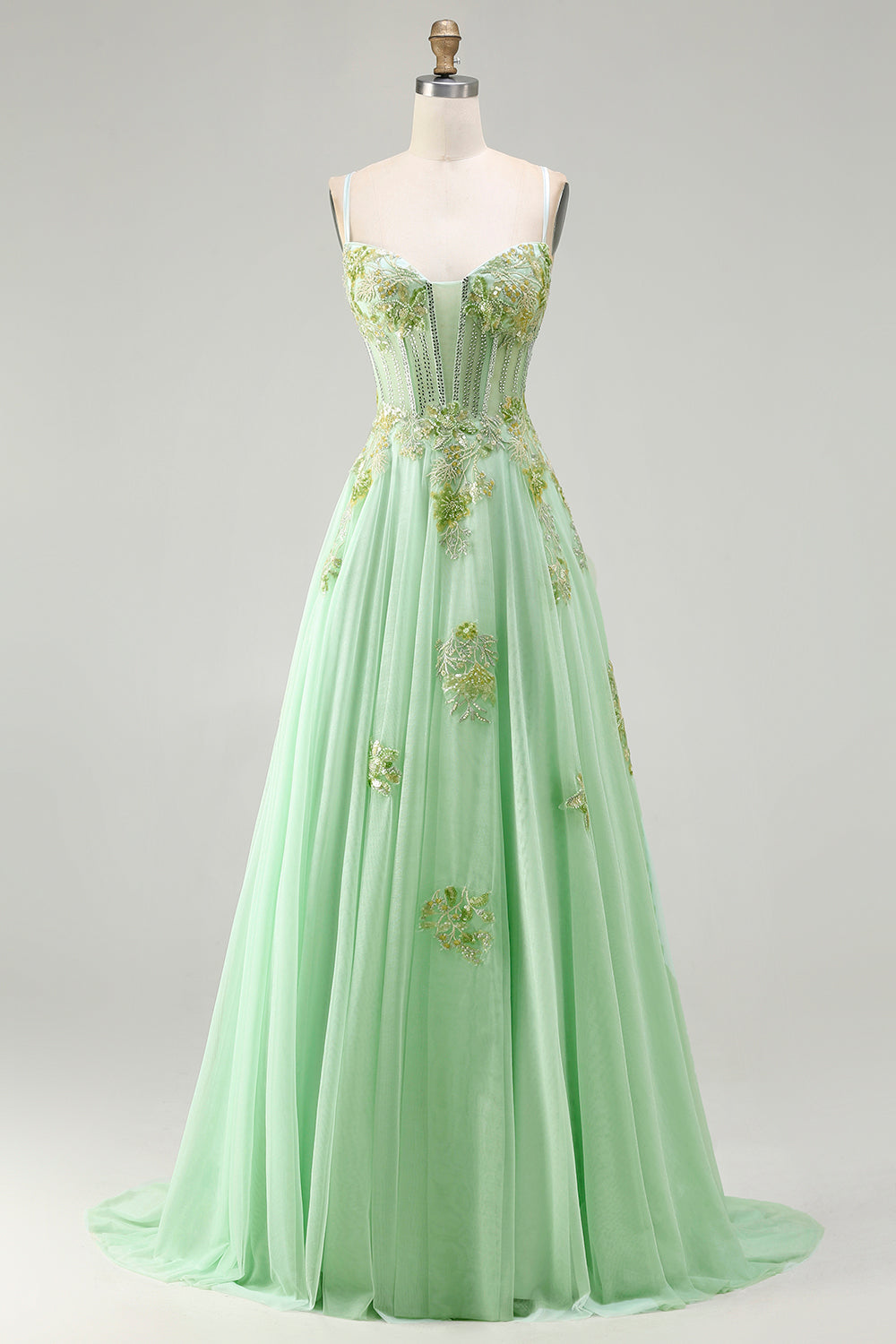 Pink A-Line Corset Beaded Sequin Applique Long Prom Dress with Lace-Up Back