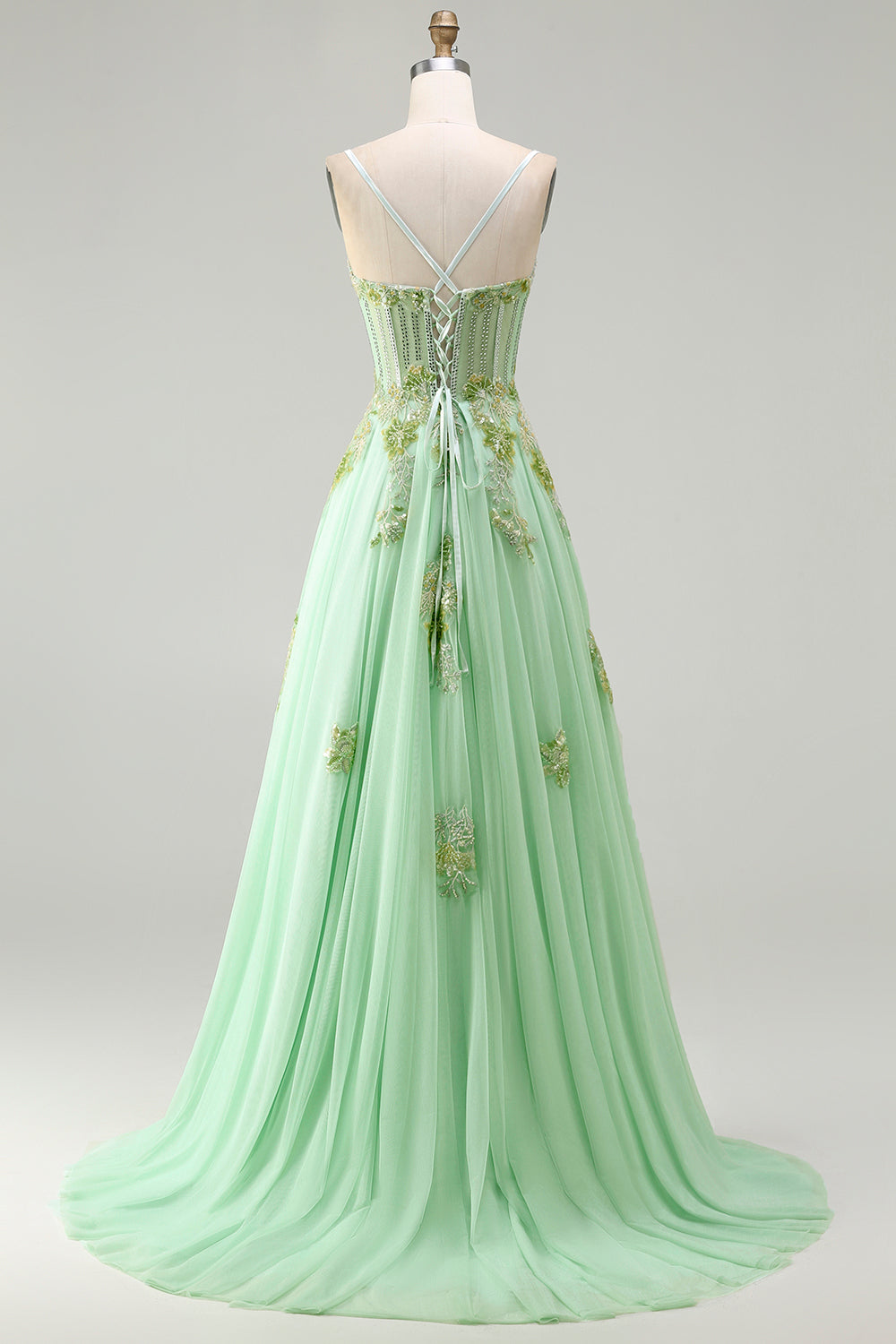 Pink A-Line Corset Beaded Sequin Applique Long Prom Dress with Lace-Up Back