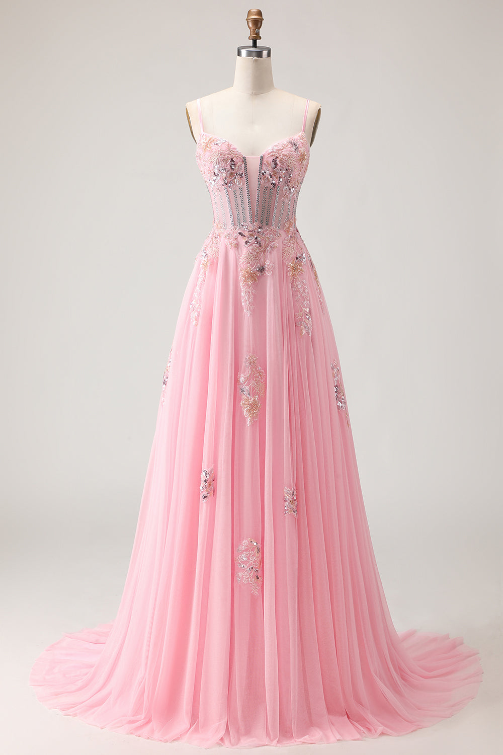 Pink A-Line Corset Beaded Sequin Applique Long Prom Dress with Lace-Up Back