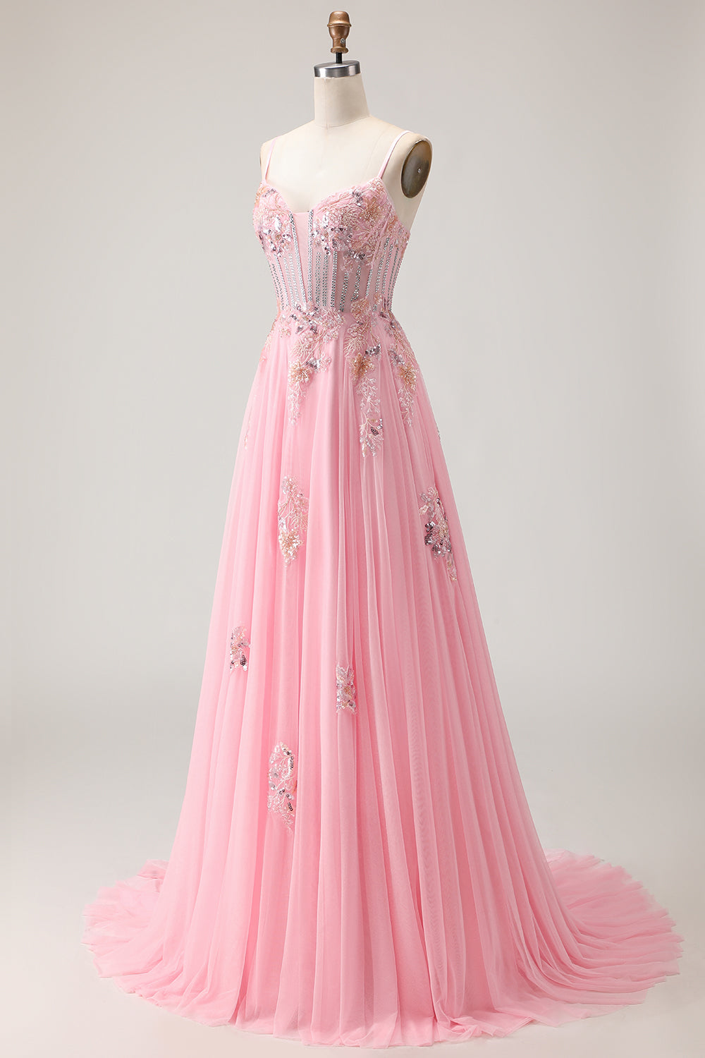 Pink A-Line Corset Beaded Sequin Applique Long Prom Dress with Lace-Up Back