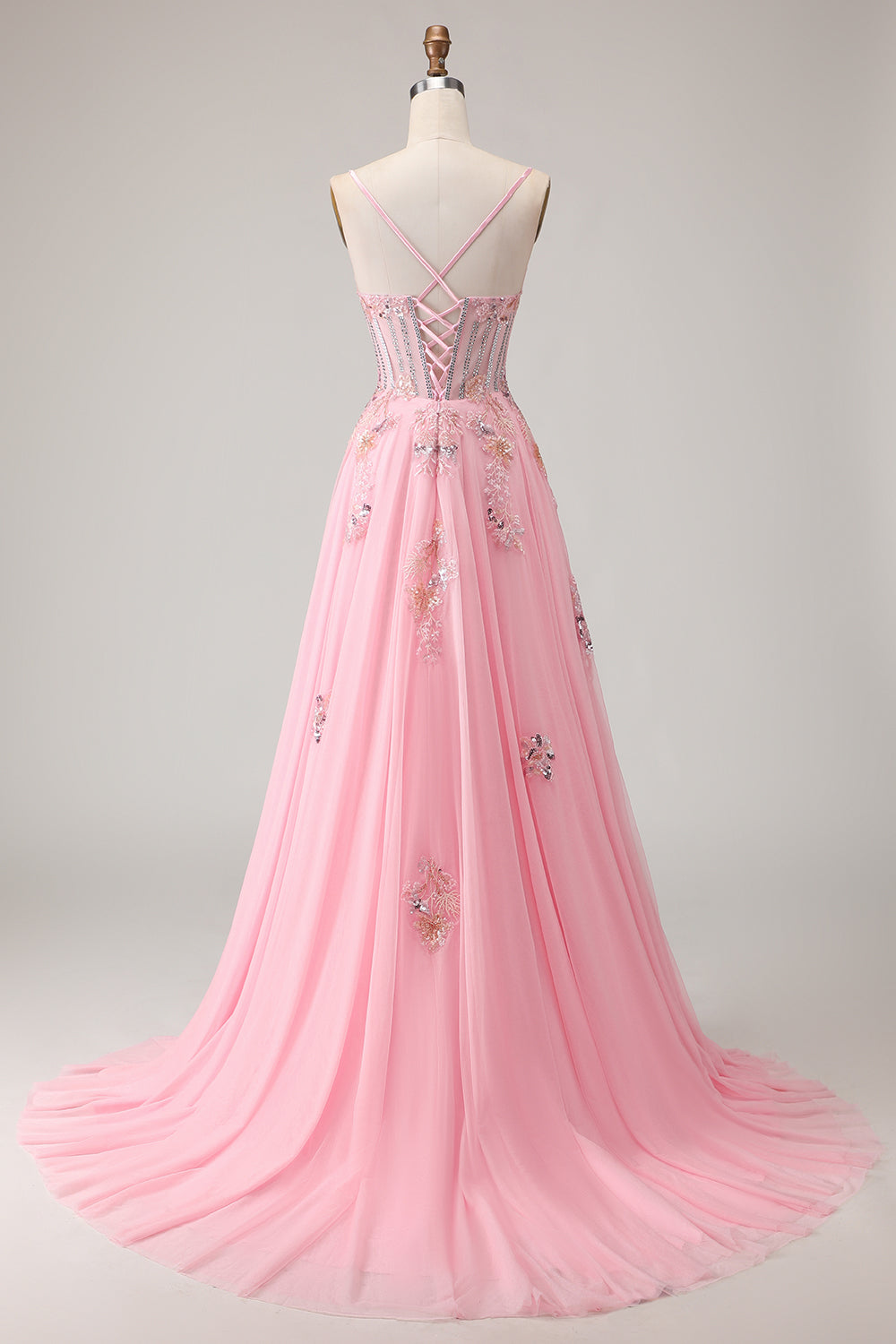 Pink A-Line Corset Beaded Sequin Applique Long Prom Dress with Lace-Up Back