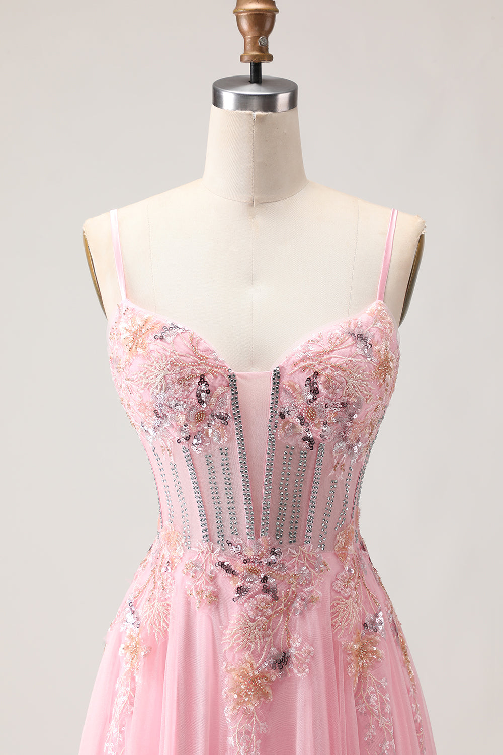 Pink A-Line Corset Beaded Sequin Applique Long Prom Dress with Lace-Up Back