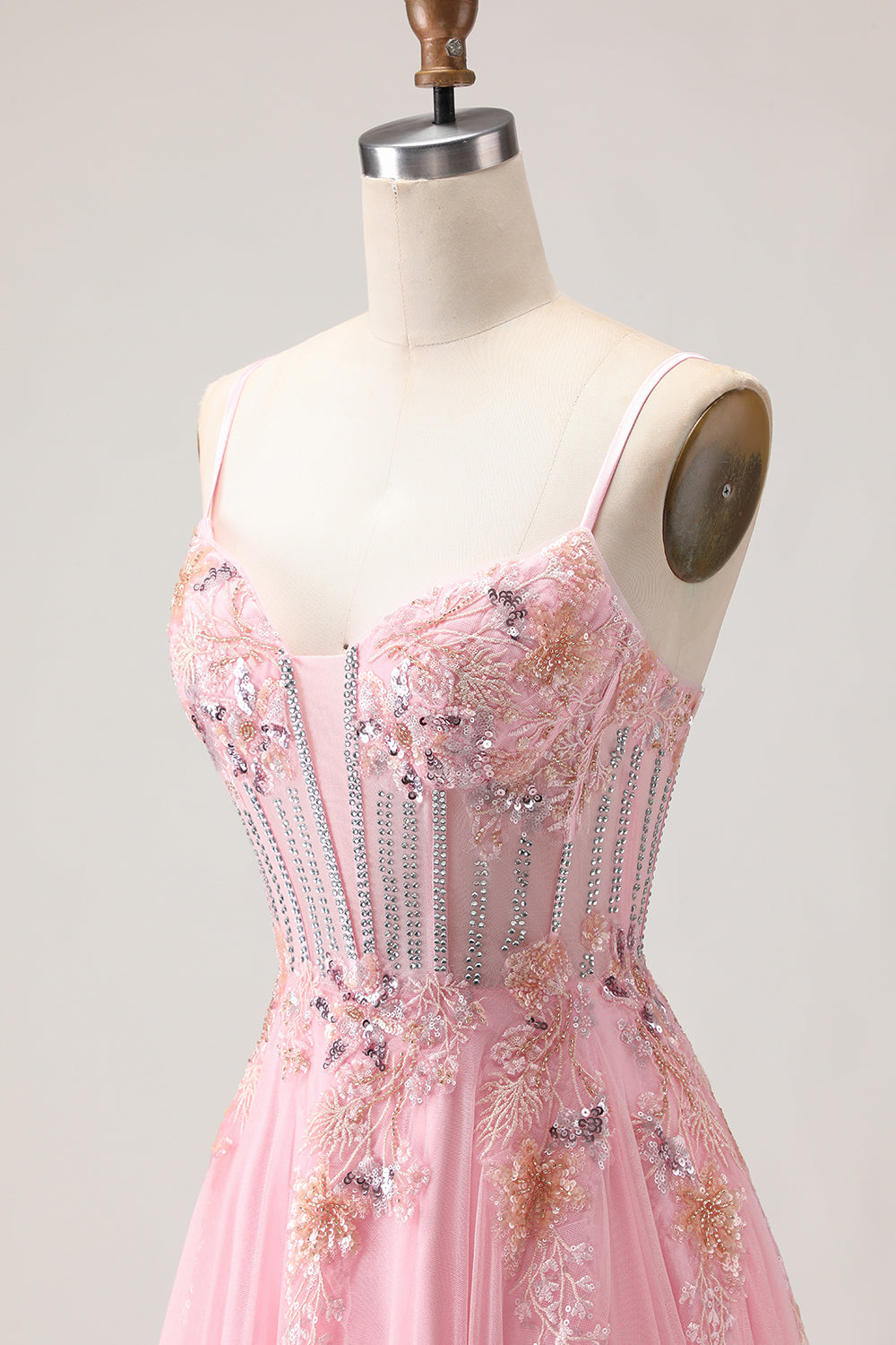 Pink A-Line Corset Beaded Sequin Applique Long Prom Dress with Lace-Up Back