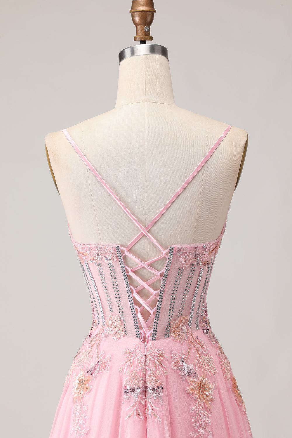Pink A-Line Corset Beaded Sequin Applique Long Prom Dress with Lace-Up Back