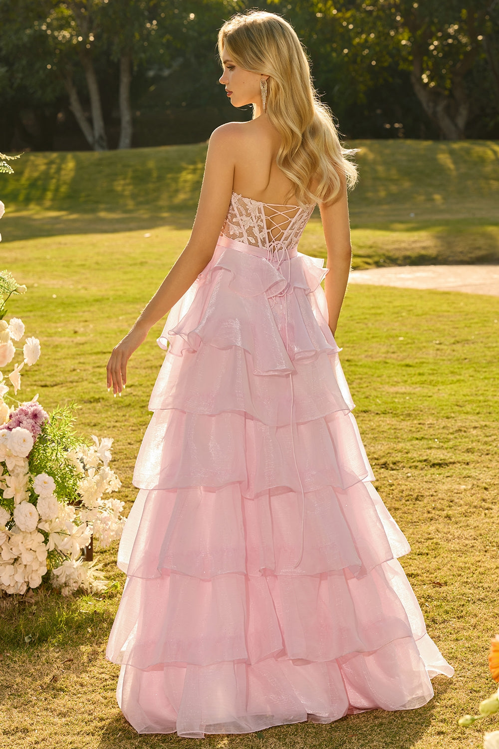 Pink Sweetheart A-Line Ruffled Corset Long Prom Dress with Slit