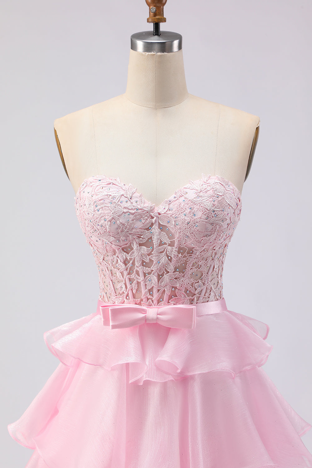 Pink Sweetheart A-Line Ruffled Corset Long Prom Dress with Slit