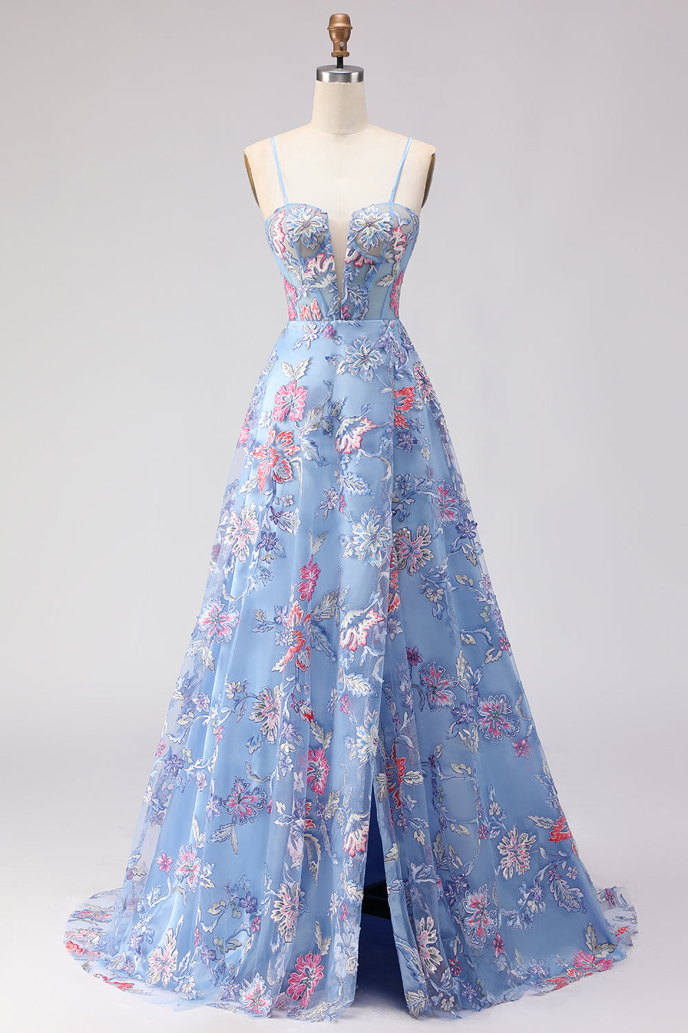 Blue A-Line Corset Embroidered Lace Up Back Long Floral Prom Dress with Slit