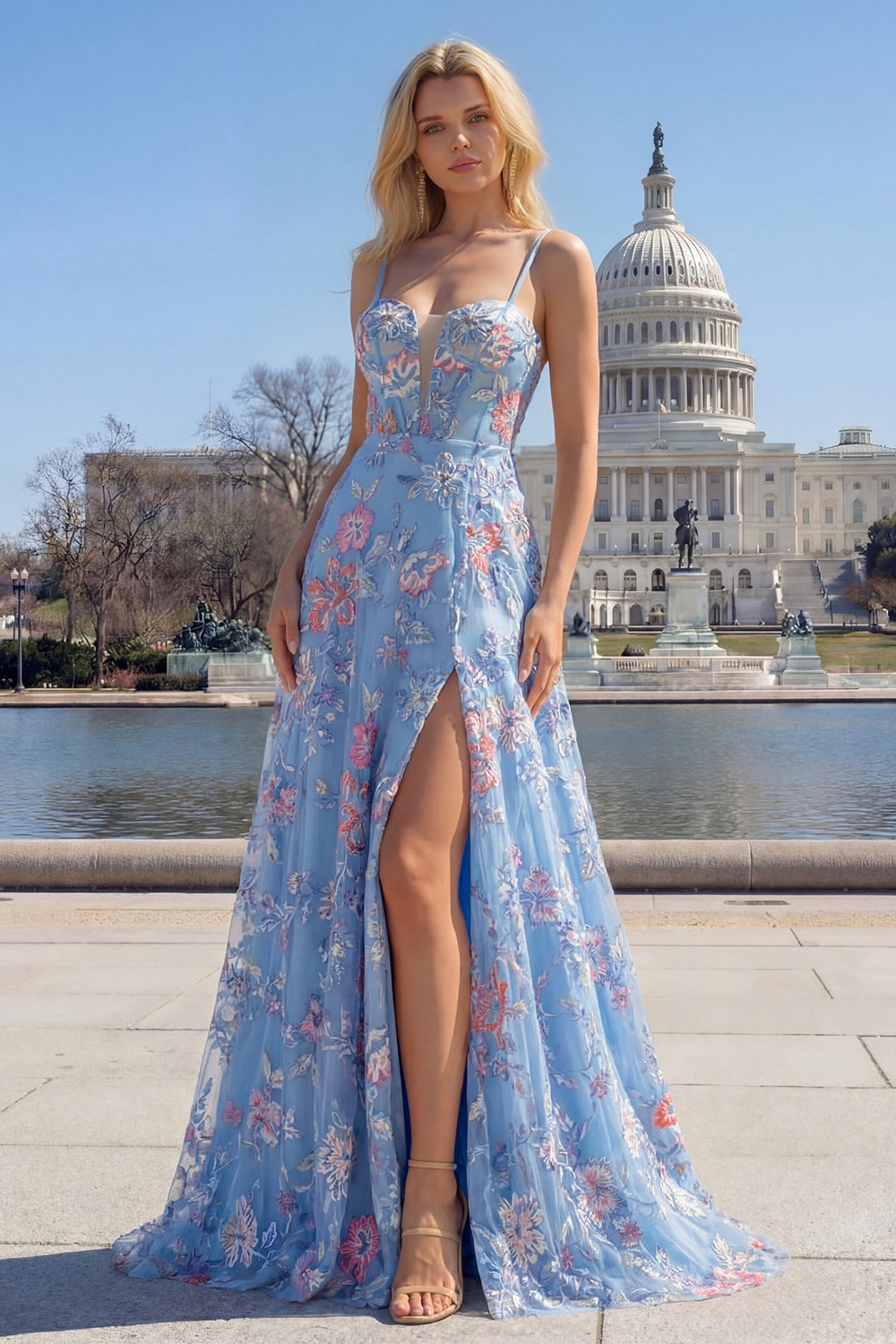 Blue A-Line Corset Embroidered Lace Up Back Long Floral Prom Dress with Slit