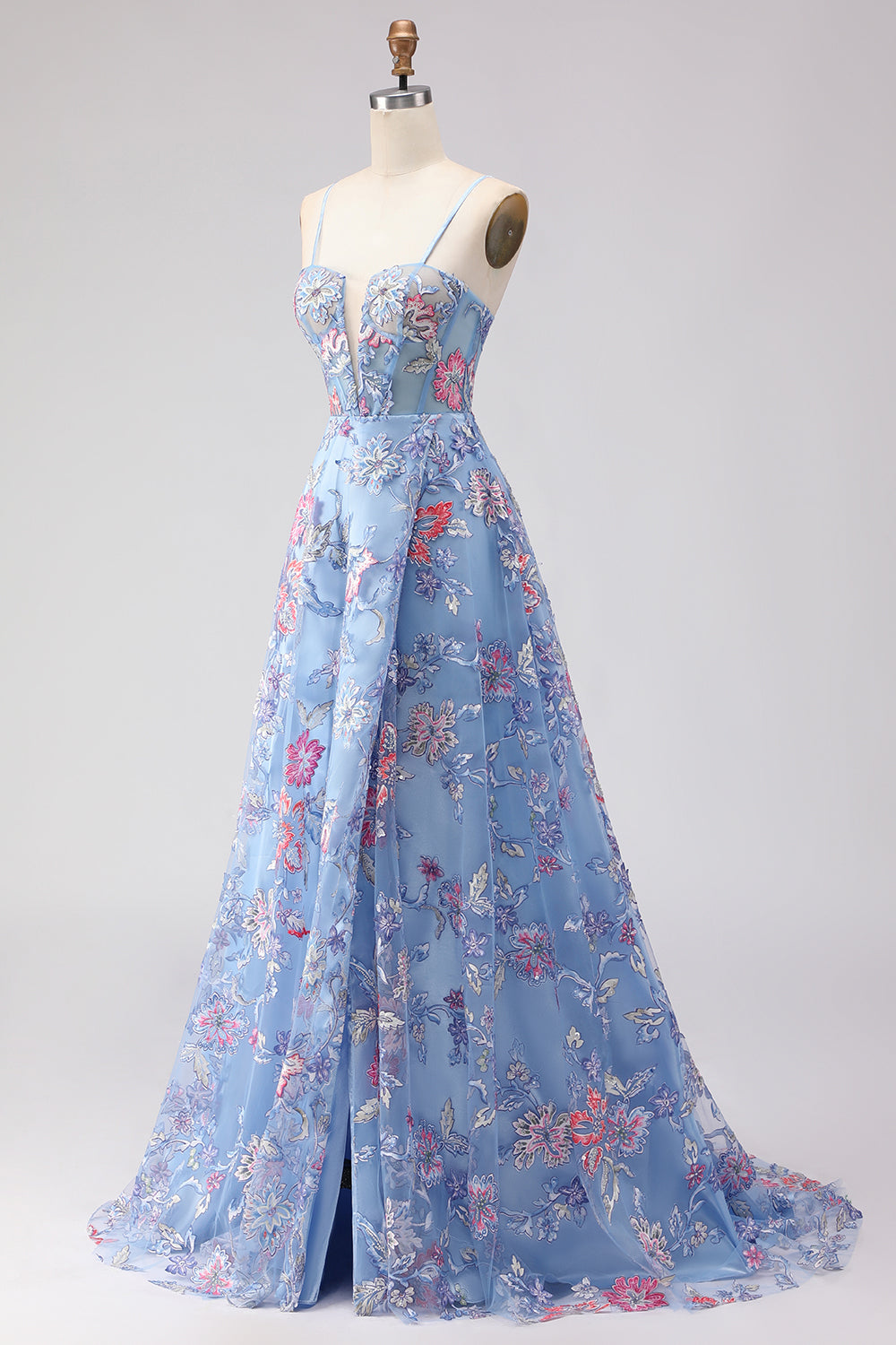 Blue A-Line Corset Embroidered Lace Up Back Long Floral Prom Dress with Slit