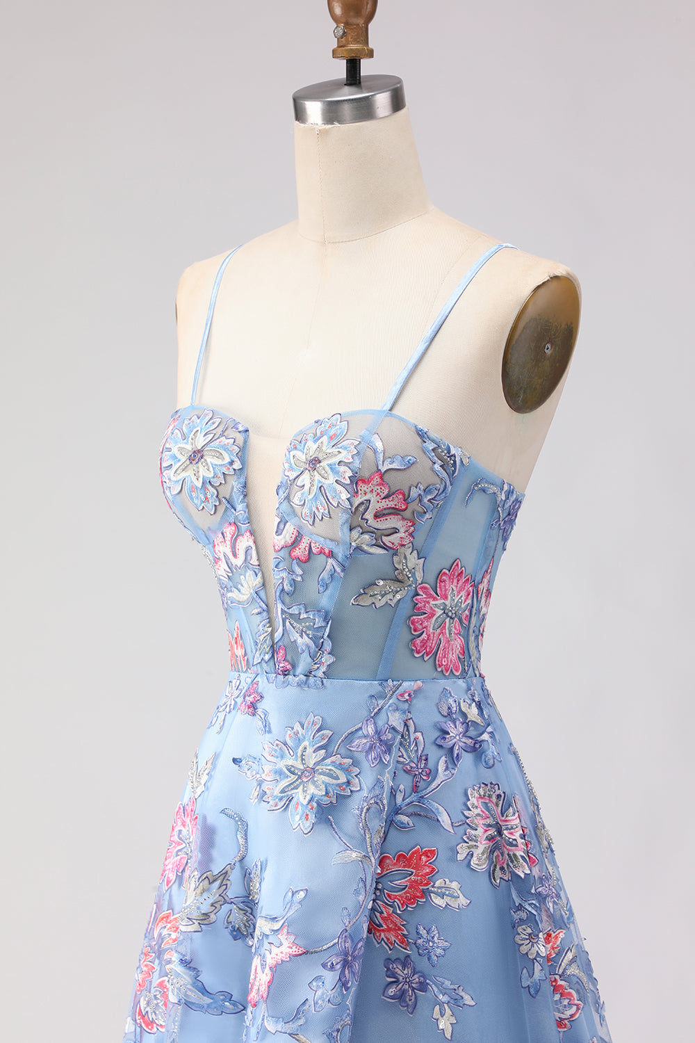 Blue A-Line Corset Embroidered Lace Up Back Long Floral Prom Dress with Slit