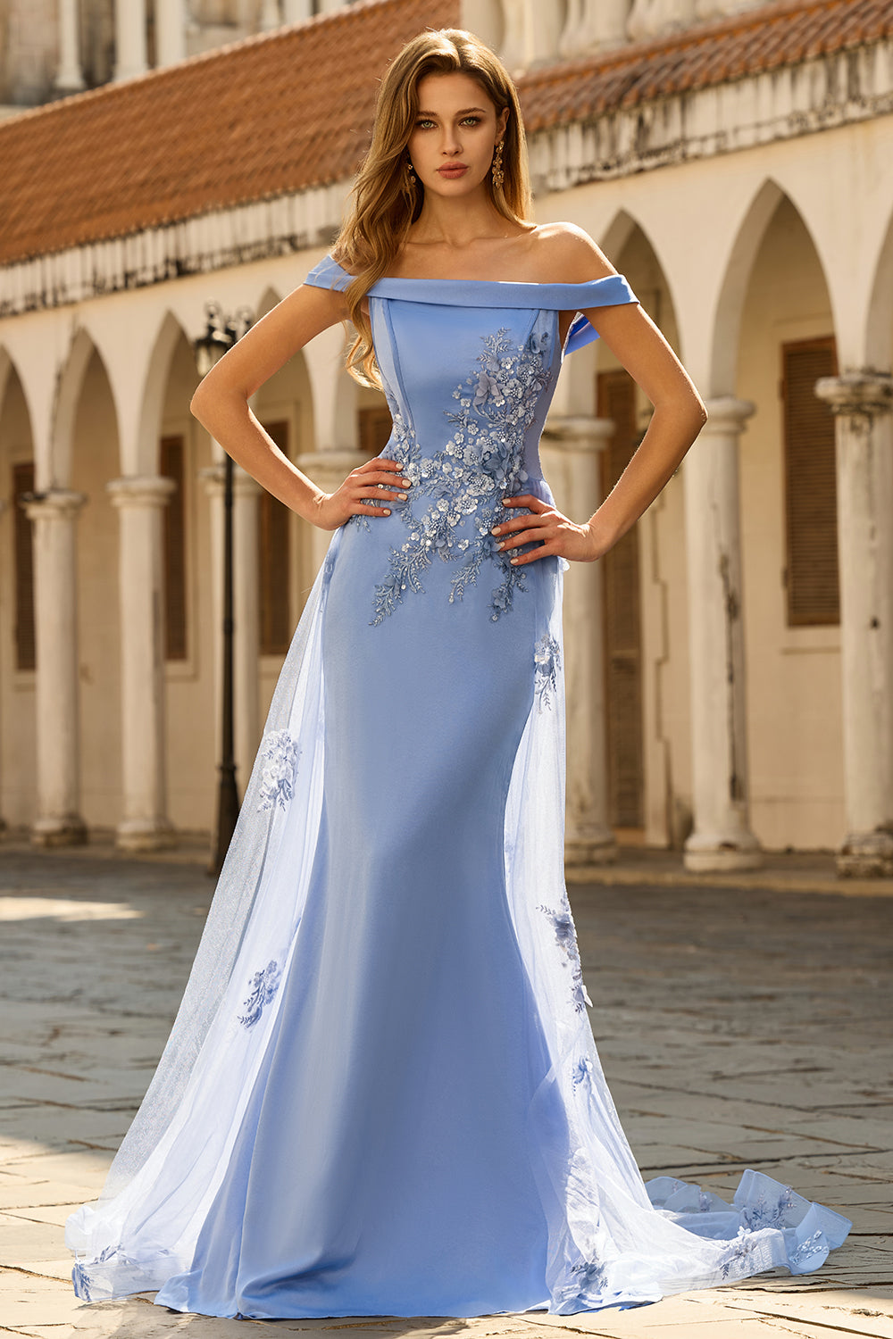 Grey Blue Mermaid Off the Shoulder Appliqued Mother of the Bride Dress with Sequins