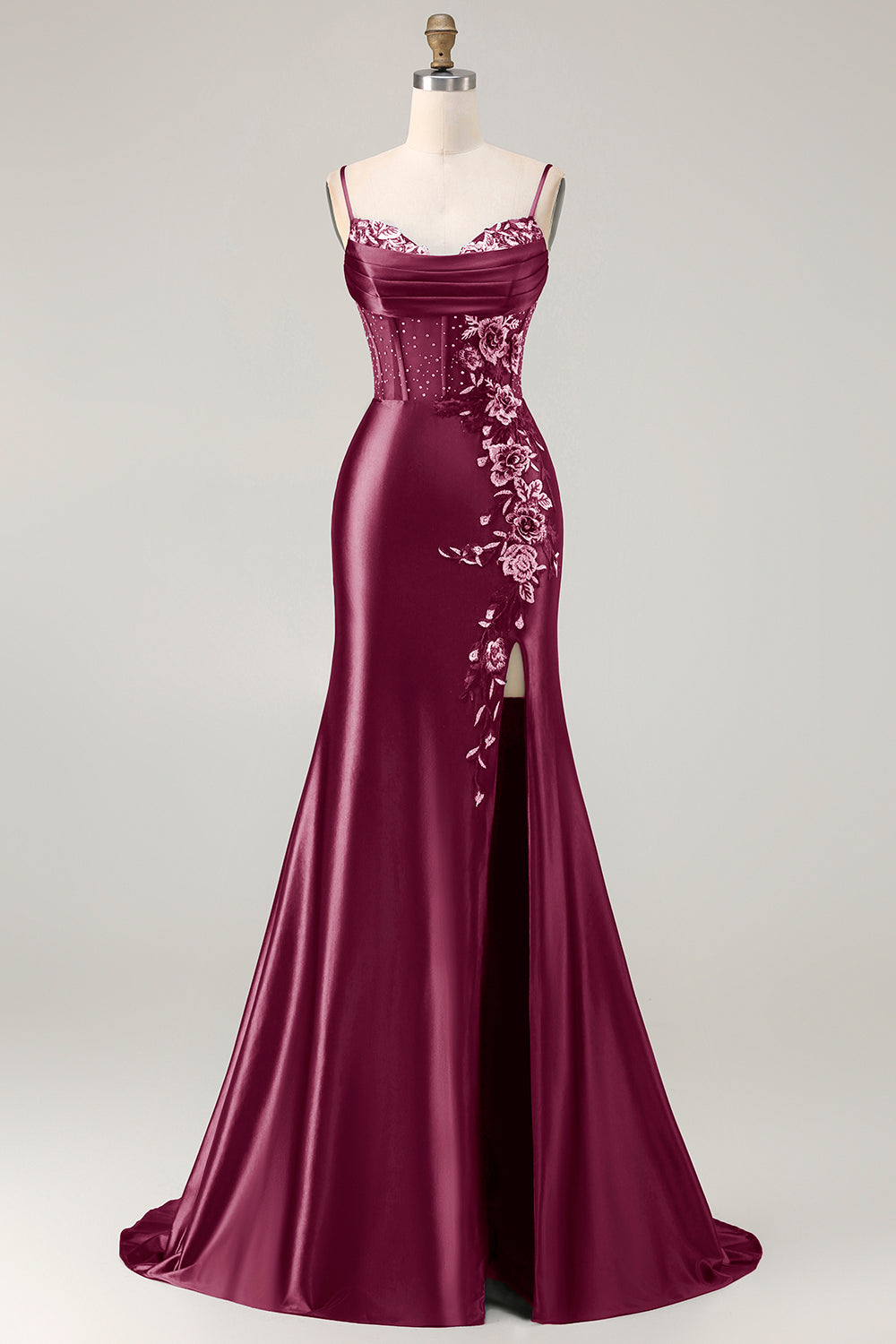 Vestido largo de fiesta con abertura, corset con pedrería y bordados, diseño de sirena en azul marino