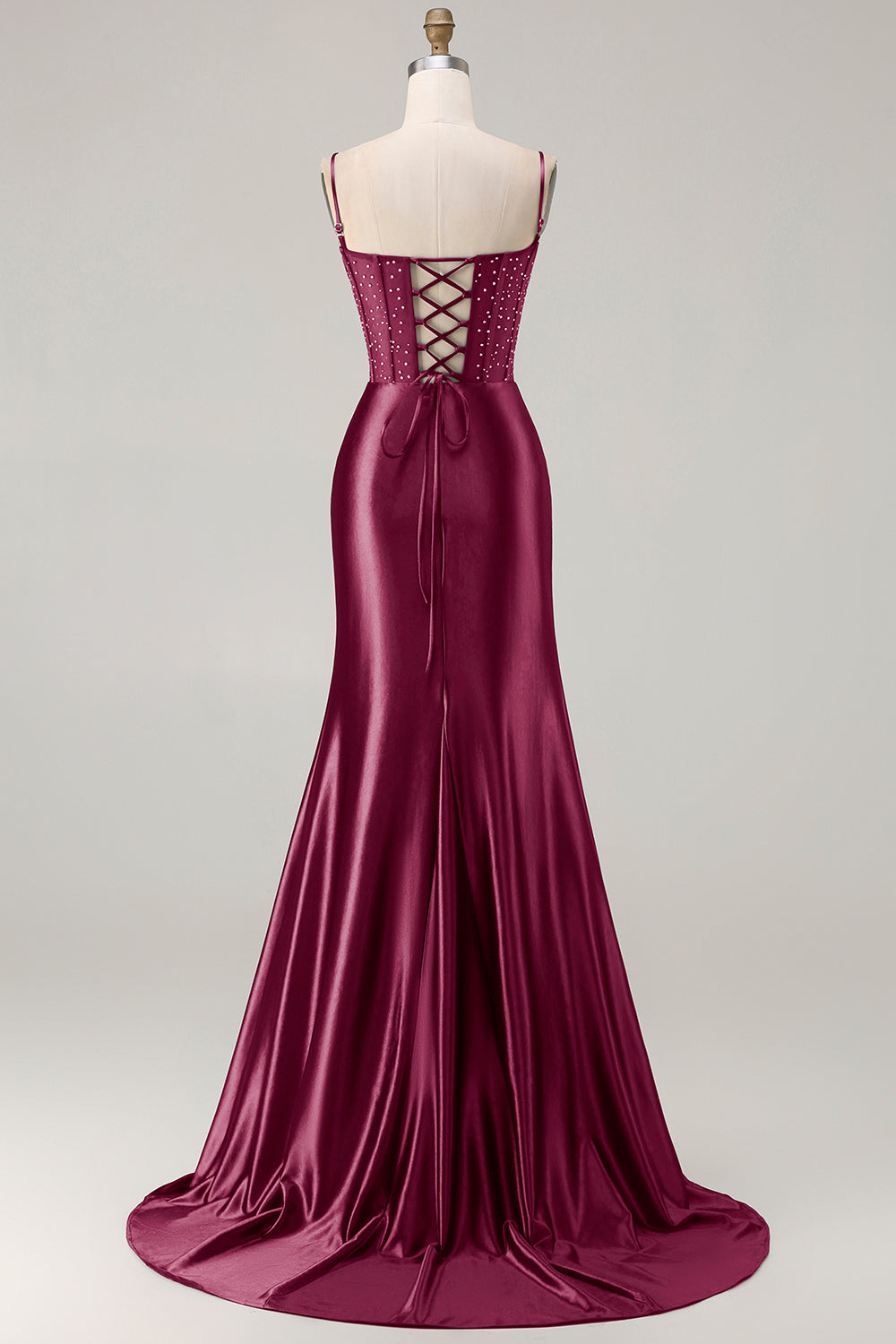 Vestido largo de fiesta con abertura, corset con pedrería y bordados, diseño de sirena en azul marino