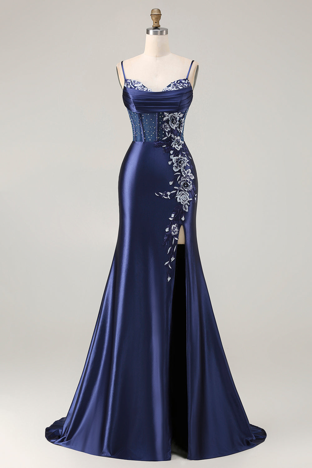 Vestido largo de fiesta con abertura, corset con pedrería y bordados, diseño de sirena en azul marino