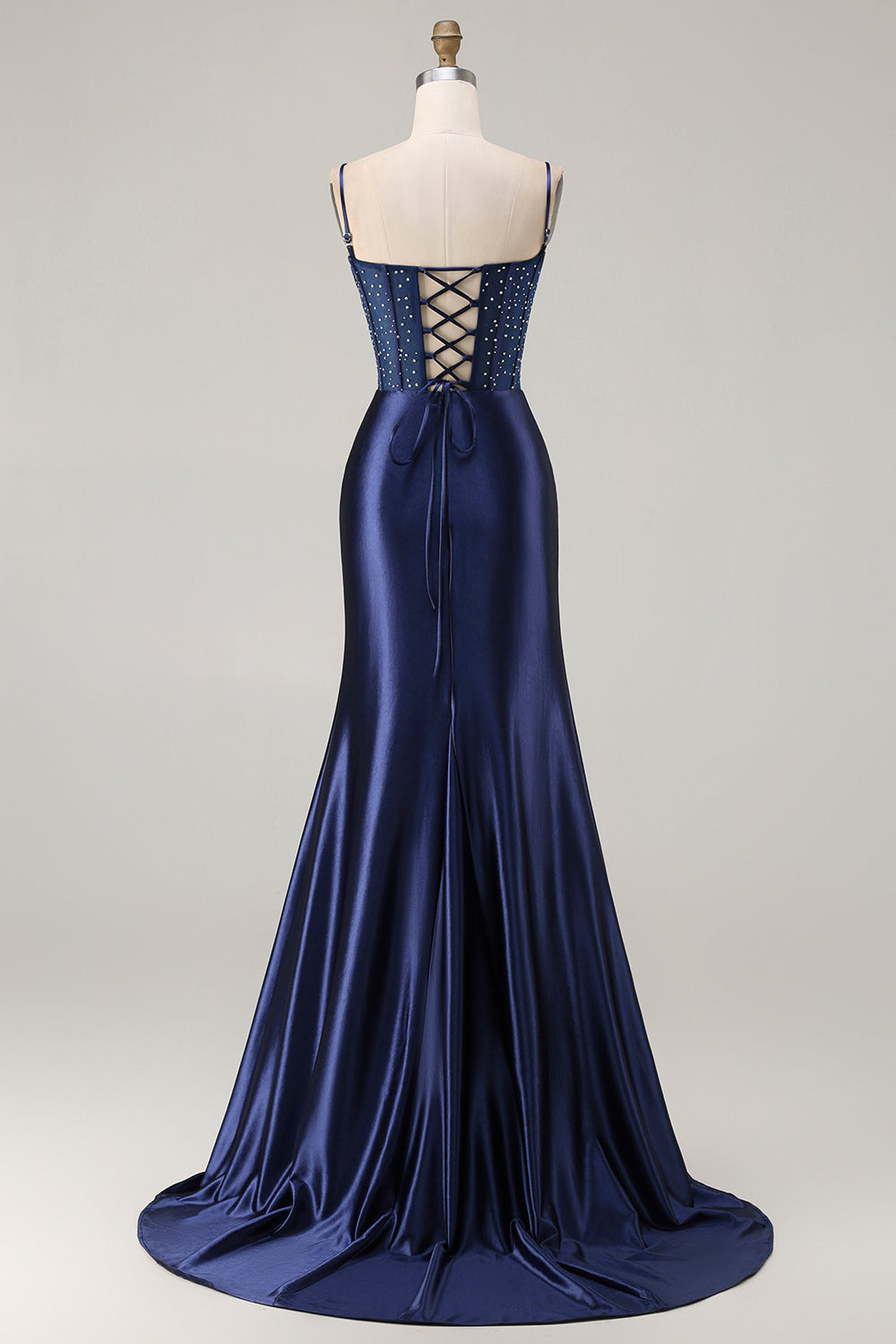 Vestido largo de fiesta con abertura, corset con pedrería y bordados, diseño de sirena en azul marino