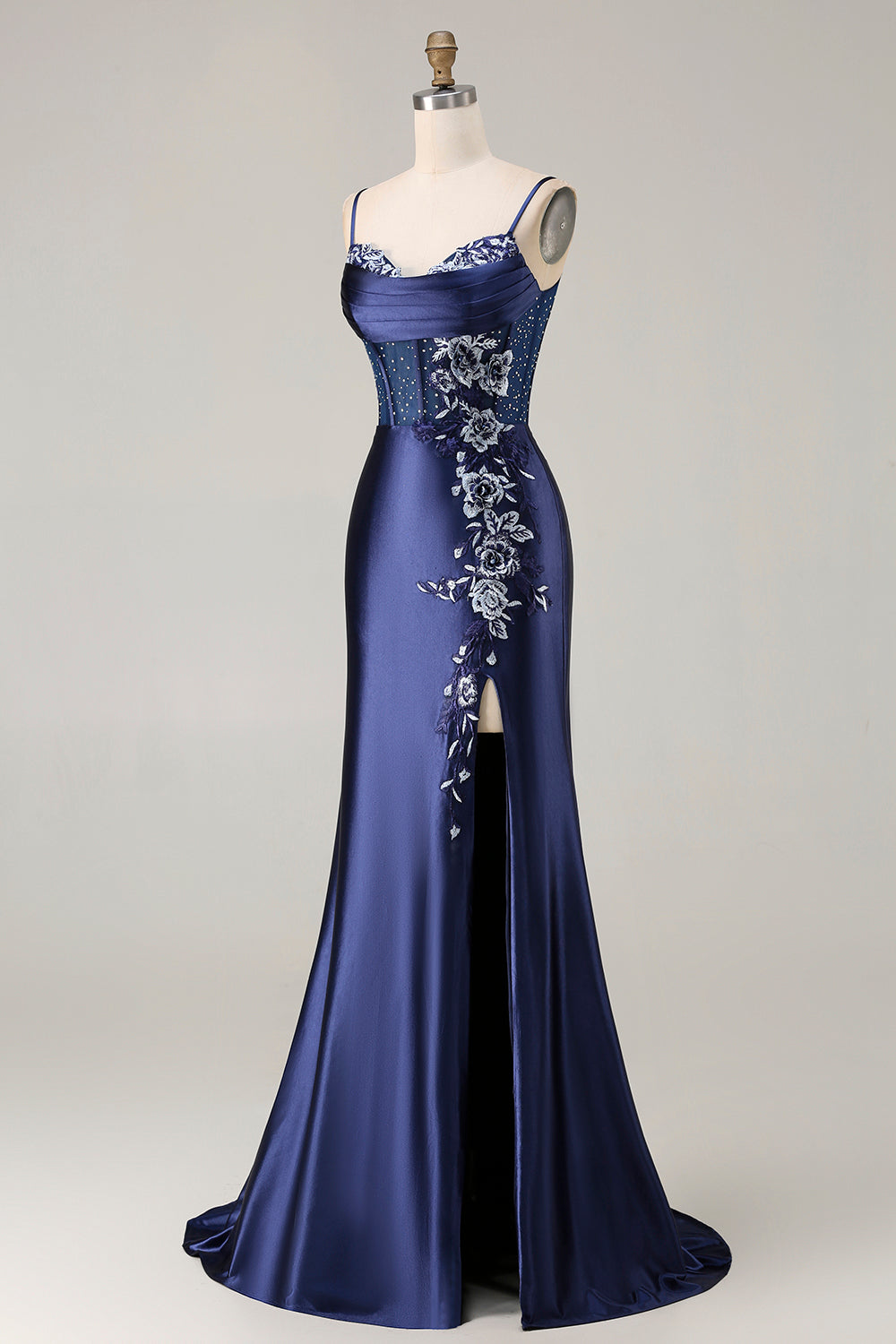 Vestido largo de fiesta con abertura, corset con pedrería y bordados, diseño de sirena en azul marino