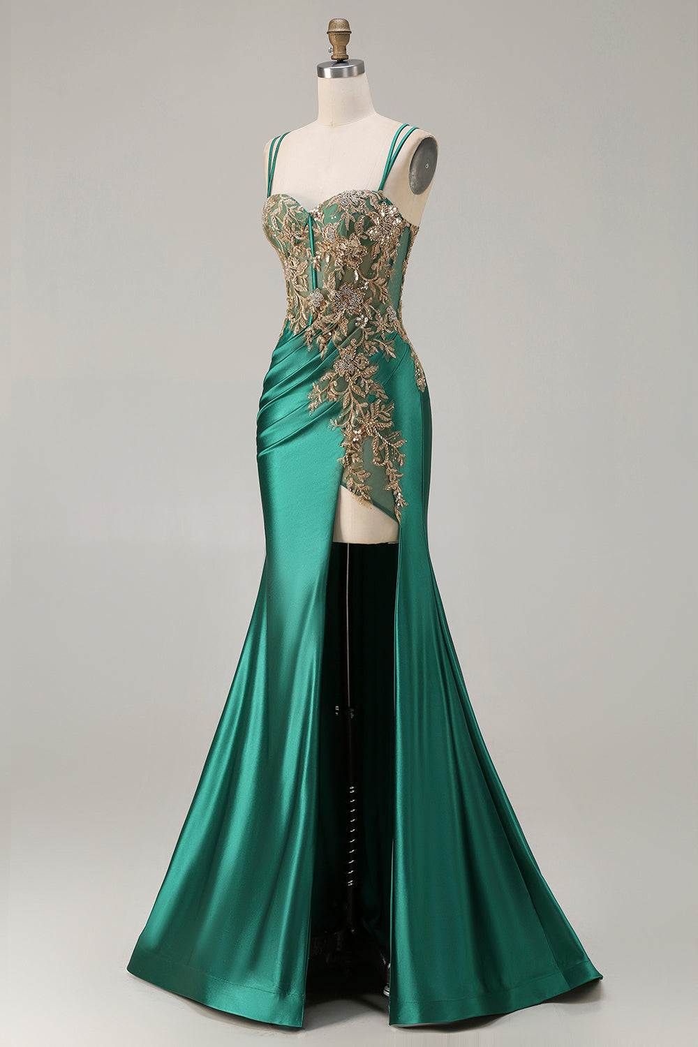 Black Mermaid Beaded Embroidered Satin Sequin Long Prom Dress with Slit