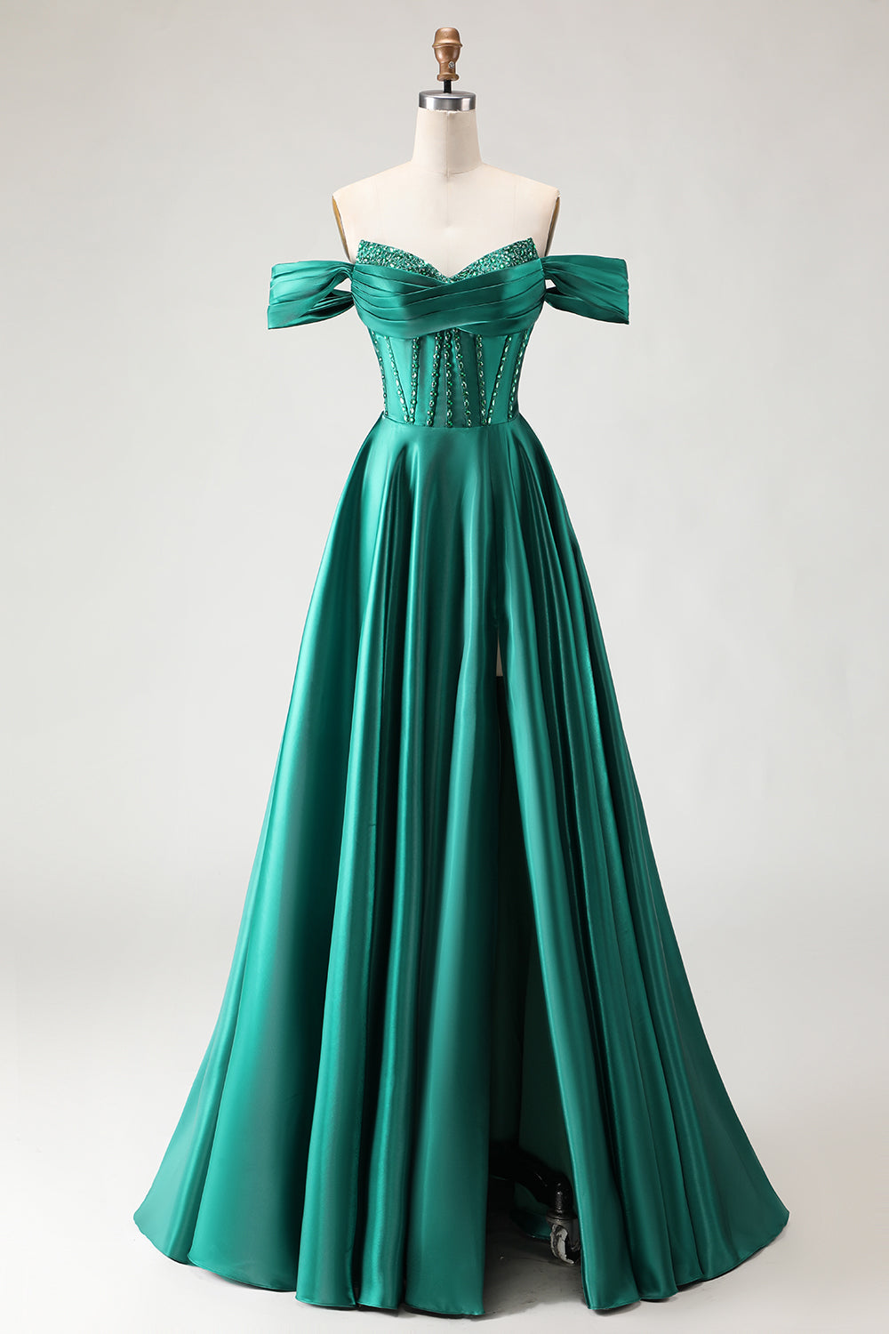 Off The Shoulder Purple A Line Beaded Long Satin Prom Dress with Slit