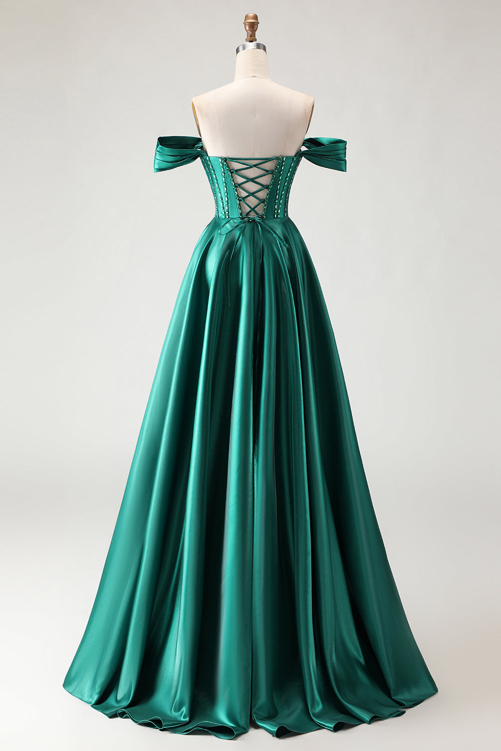 Off The Shoulder Purple A Line Beaded Long Satin Prom Dress with Slit