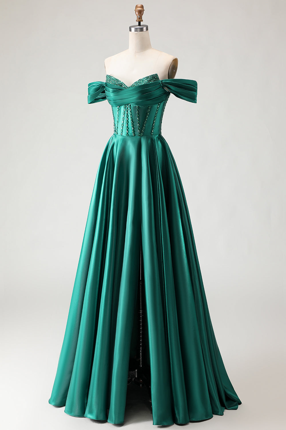 Robe de bal longue en tulle violet avec corset, épaules dénudées, perles, ligne A et fente