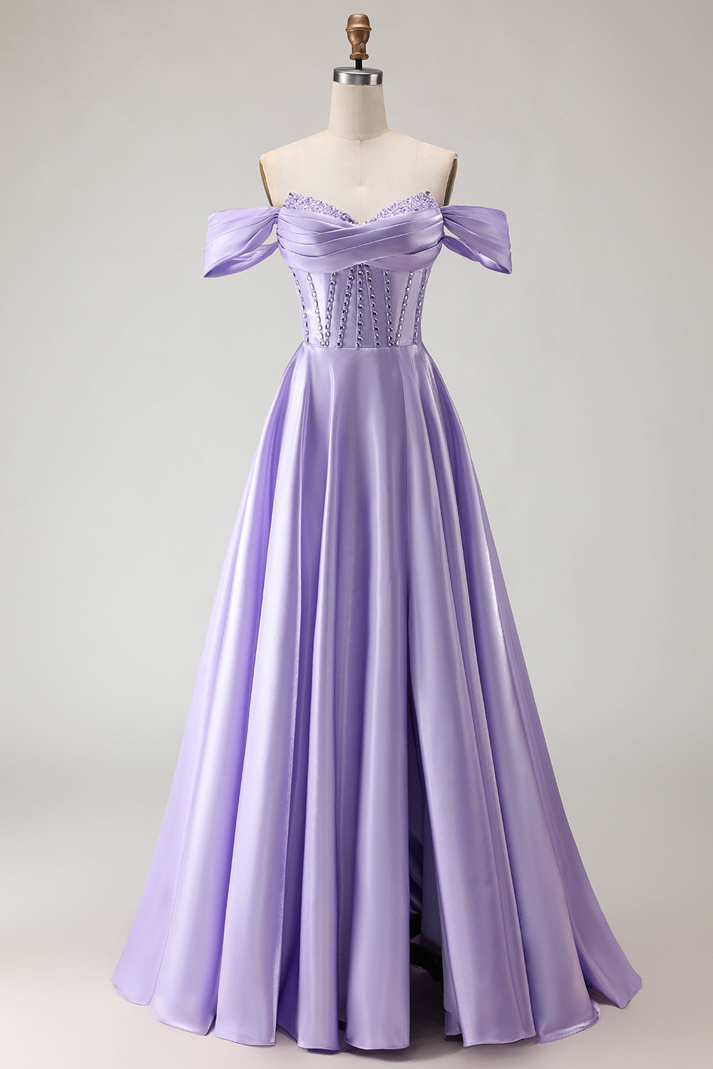 Robe de bal longue en tulle violet avec corset, épaules dénudées, perles, ligne A et fente