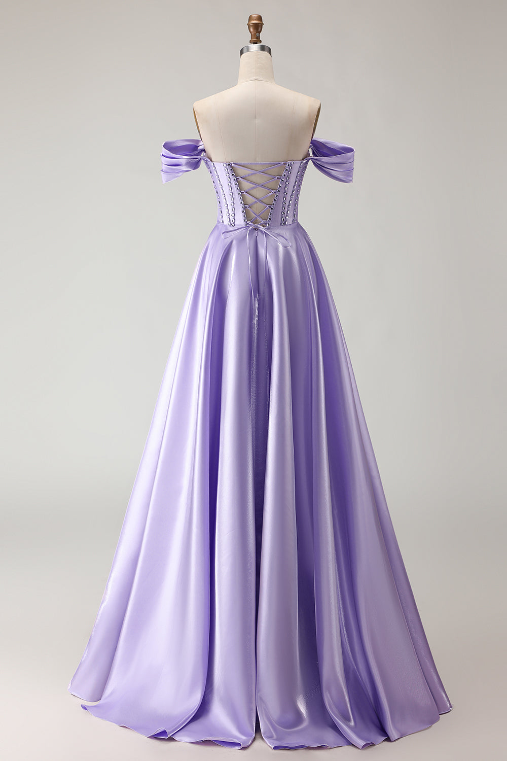 Robe de bal longue en tulle violet avec corset, épaules dénudées, perles, ligne A et fente