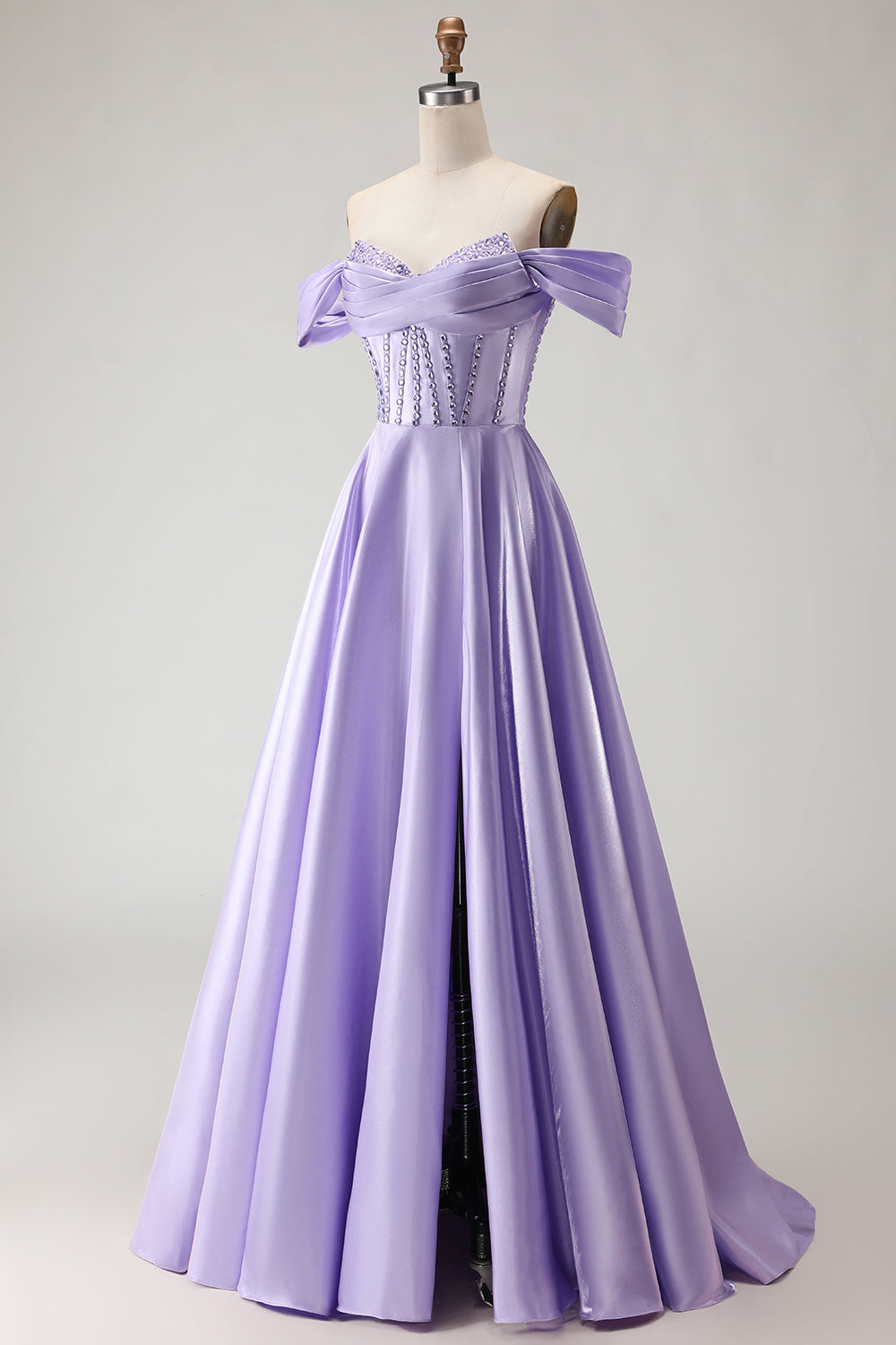 Robe de bal longue en tulle violet avec corset, épaules dénudées, perles, ligne A et fente
