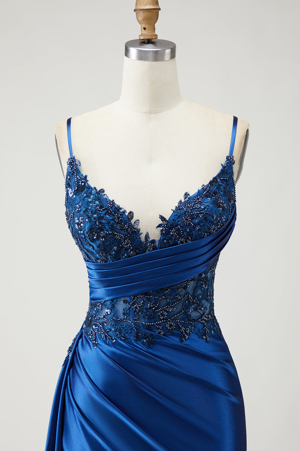 Navy Mermaid Streamer Beaded Ruched Long Prom Dress with Slit