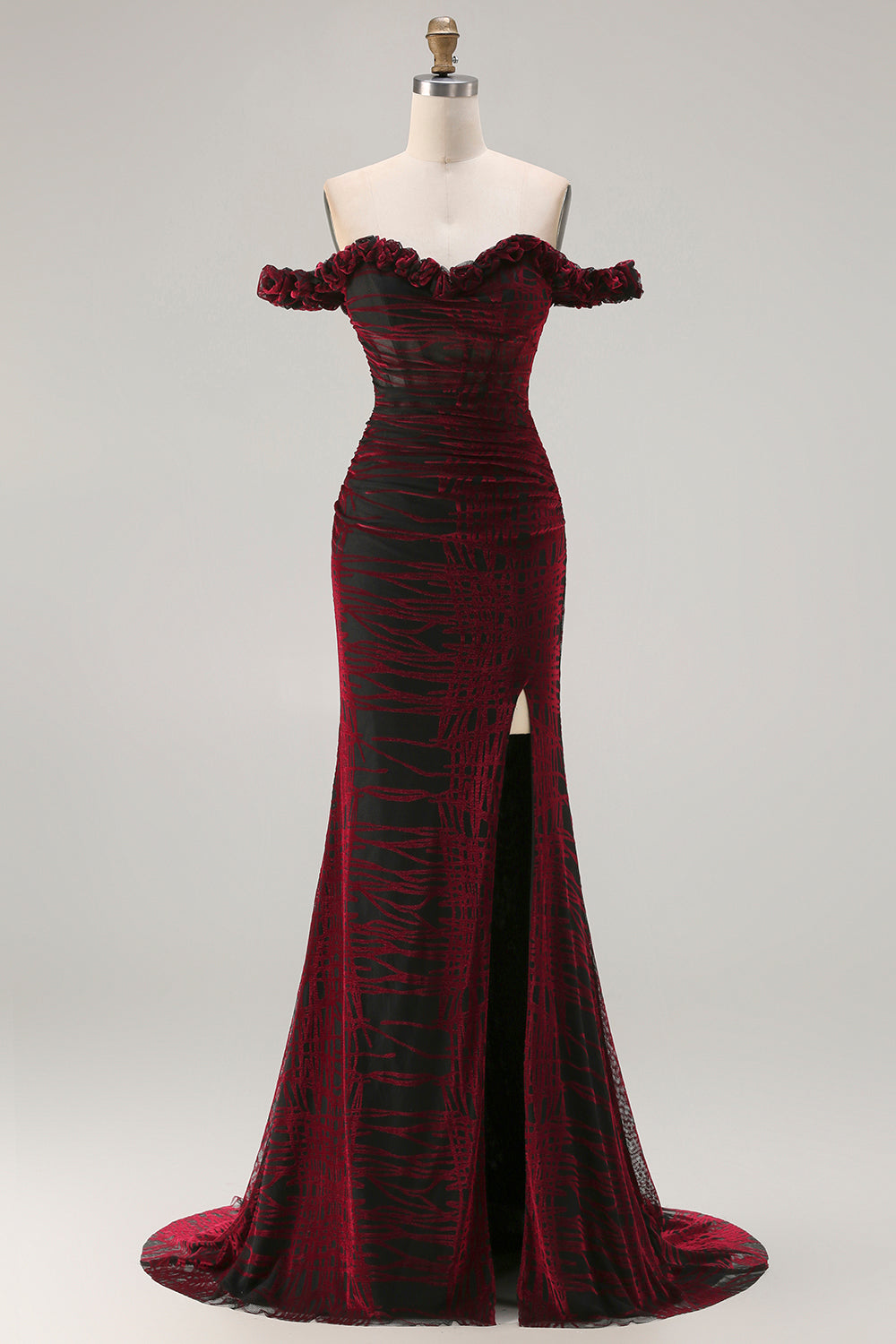 Off the Shoulder Black Red Mermaid Corset Plus Size Long Prom Dress with Slit