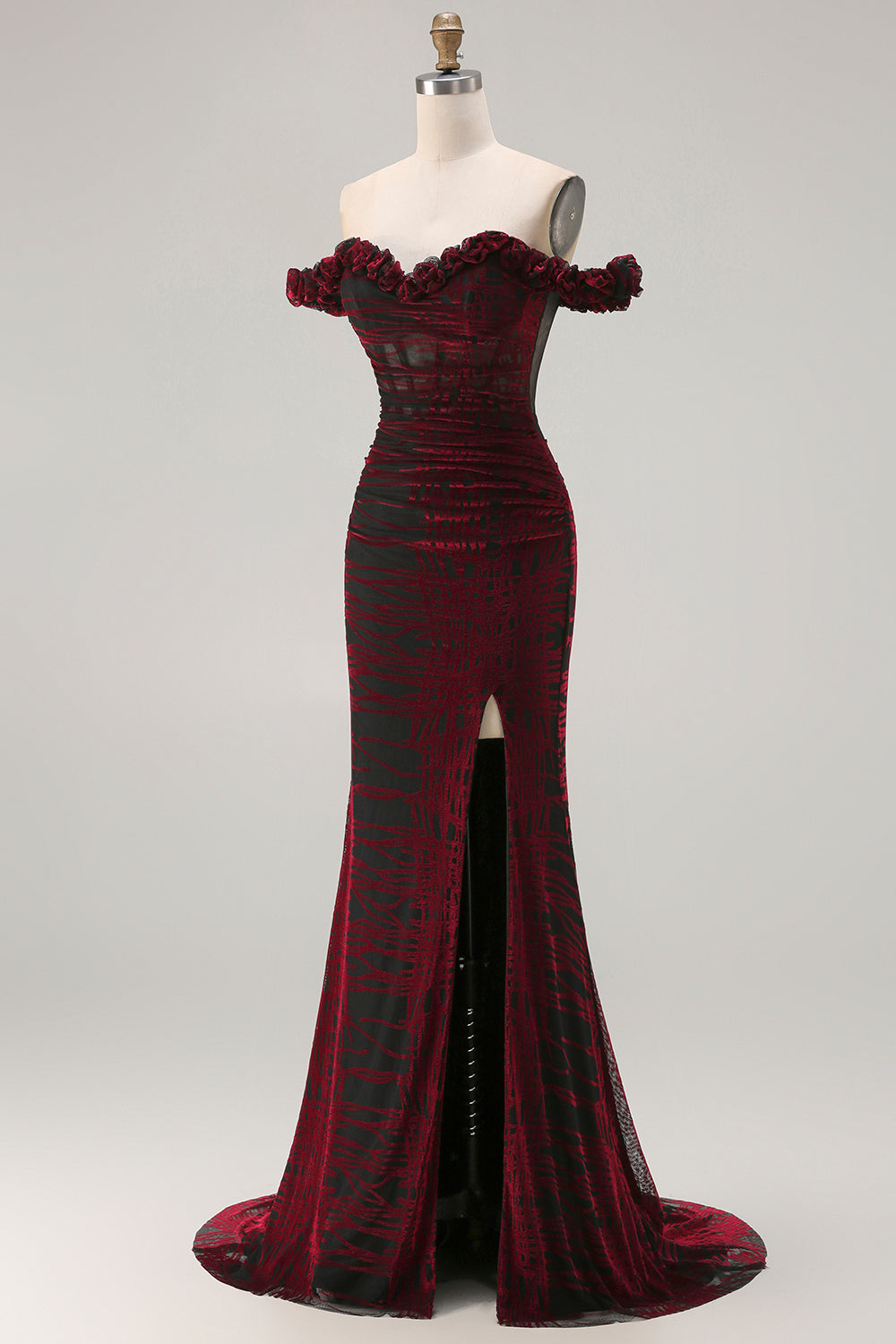 Off the Shoulder Black Red Mermaid Corset Plus Size Long Prom Dress with Slit