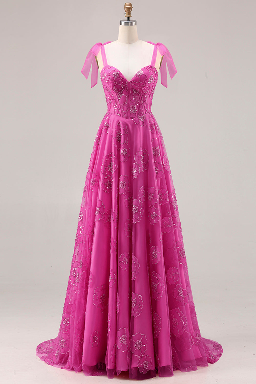 Fuchsia A-Line Burnout Beaded Floral Long Prom Dress with Lace-Up Back