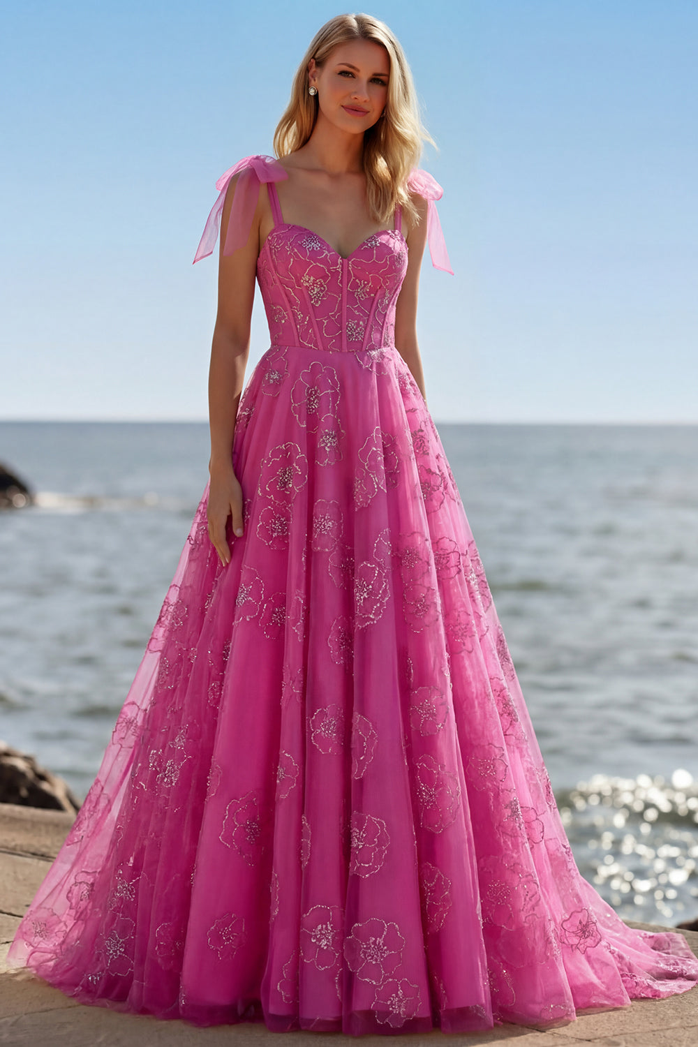 Fuchsia A-Line Burnout Beaded Floral Long Prom Dress with Lace-Up Back