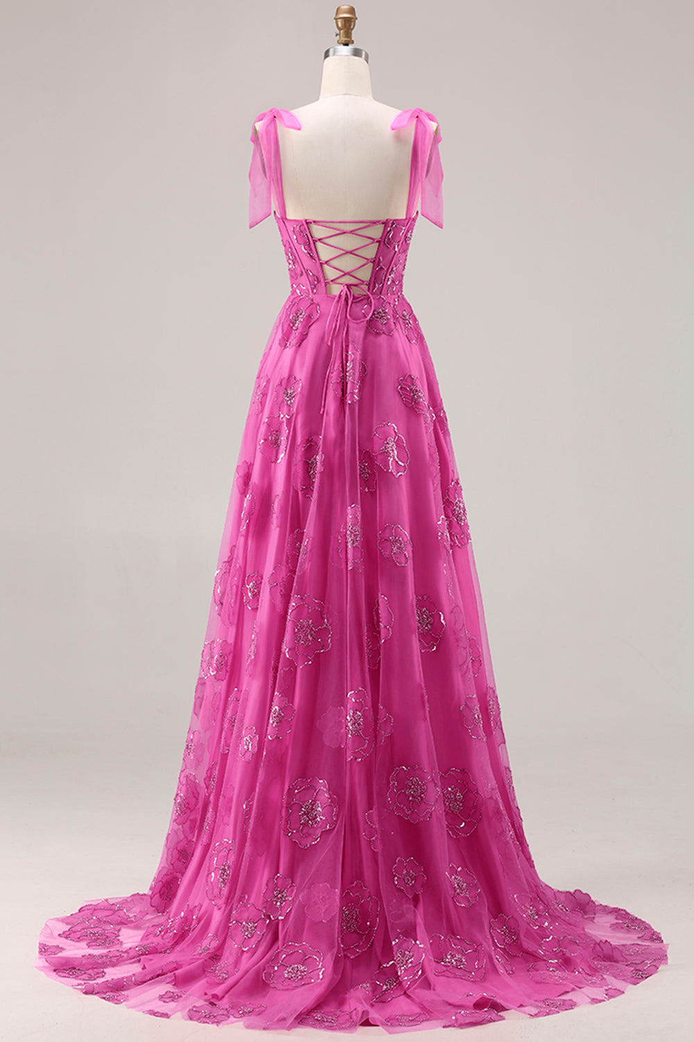 Fuchsia A-Line Burnout Beaded Floral Long Prom Dress with Lace-Up Back