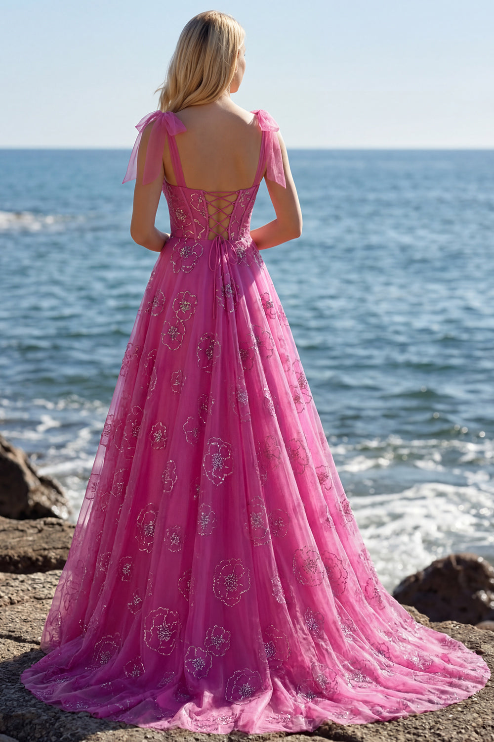 Fuchsia A-Line Burnout Beaded Floral Long Prom Dress with Lace-Up Back