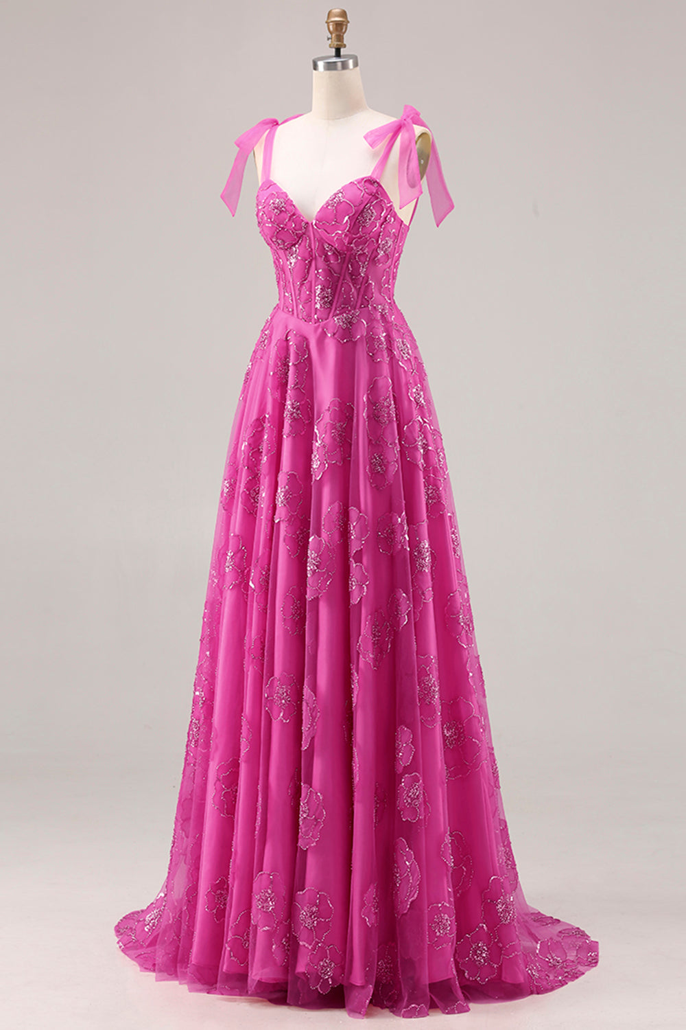 Fuchsia A-Line Burnout Beaded Floral Long Prom Dress with Lace-Up Back